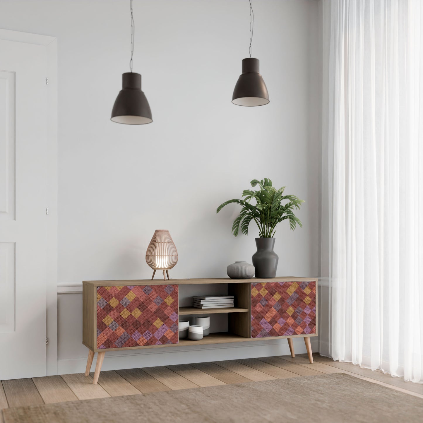 PAINTED SQUARES 2-Door TV Stand in Oak Effect