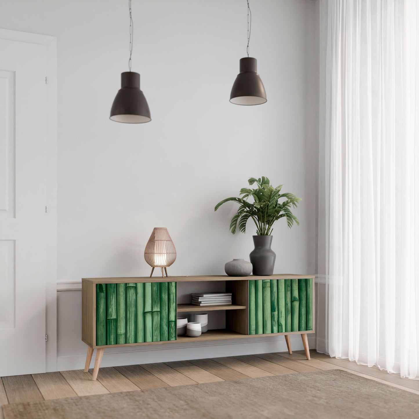 NATURAL GREEN 2-Door TV Stand in Oak Effect
