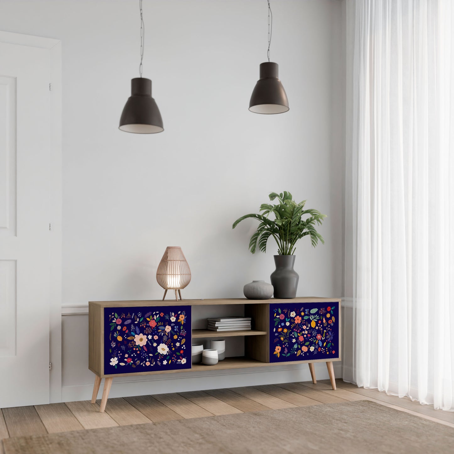 FLORAL COMBINATION 2-Door TV Stand in Oak Effect