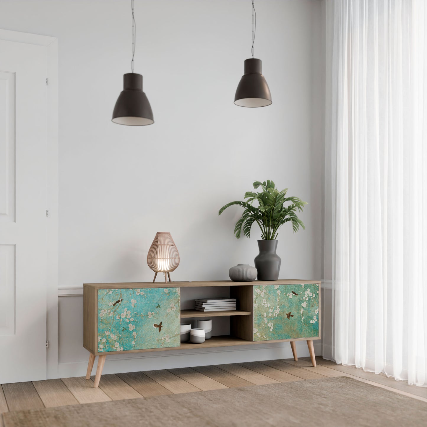 BLOOMING CHARM 2-Door TV Stand in Oak Effect