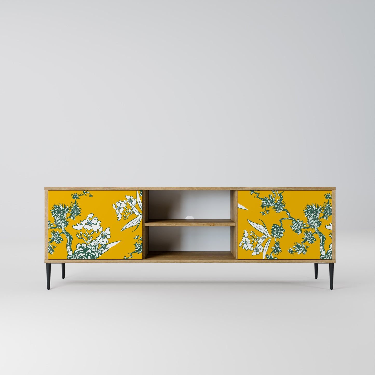 YELLOW CHINOISERIE 2-Door TV Stand in Oak Effect