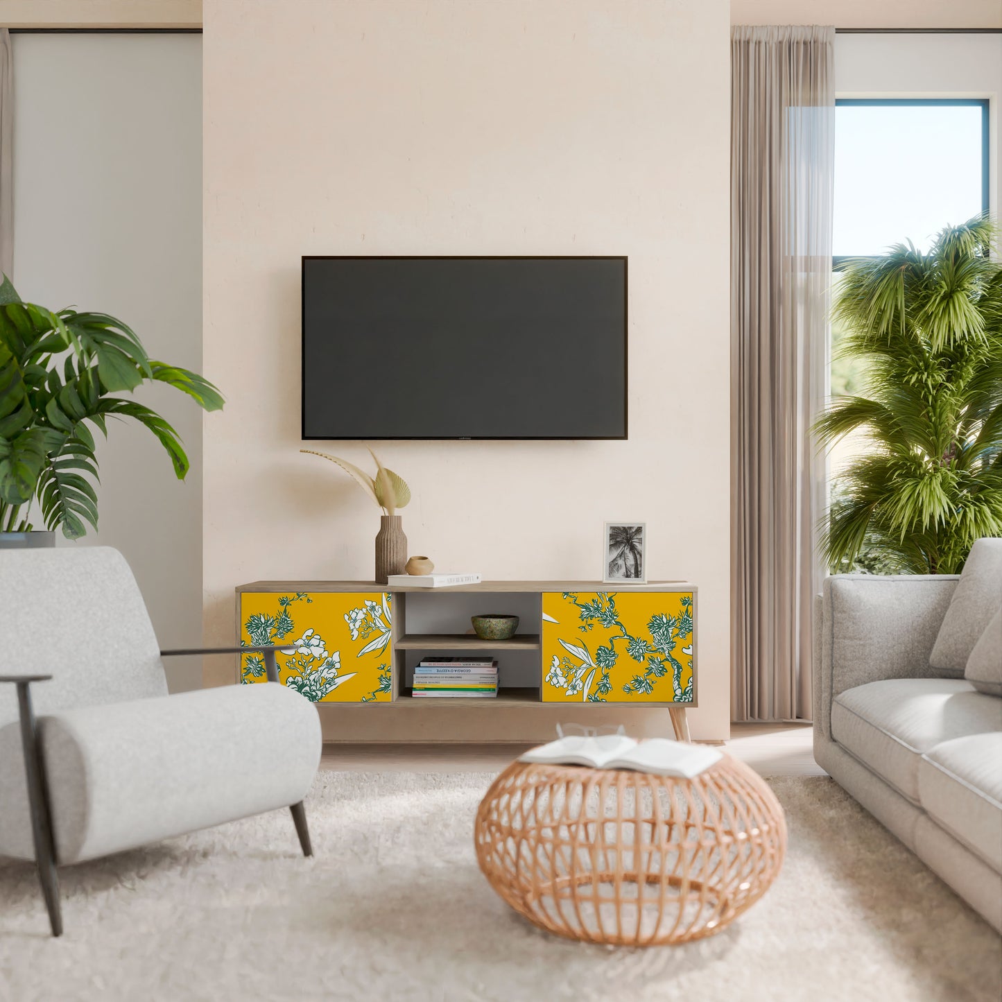 YELLOW CHINOISERIE 2-Door TV Stand in Oak Effect
