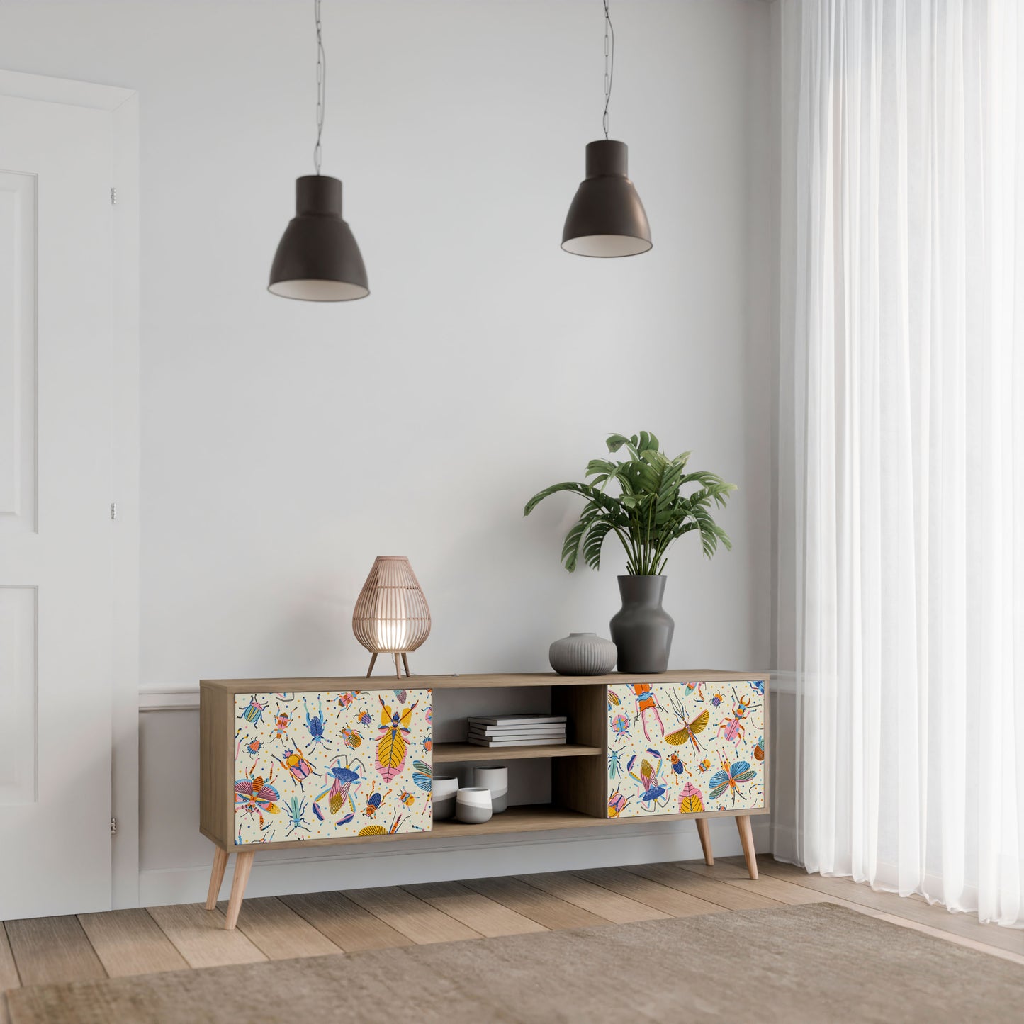 COLORFUL INSECTS 2-Door TV Stand in Oak Effect