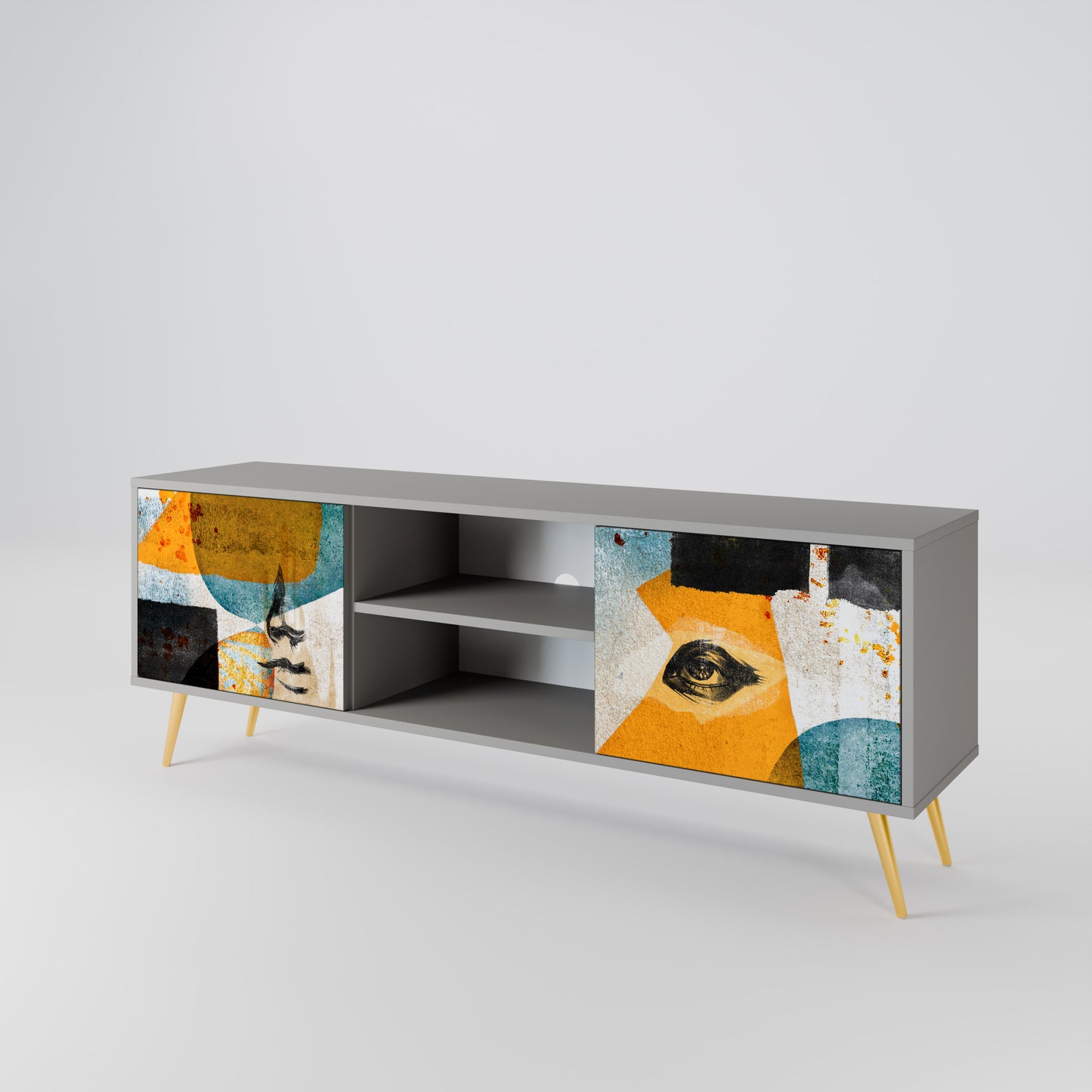 ABSTRACT FACES 2-Door TV Stand in Grey Finish
