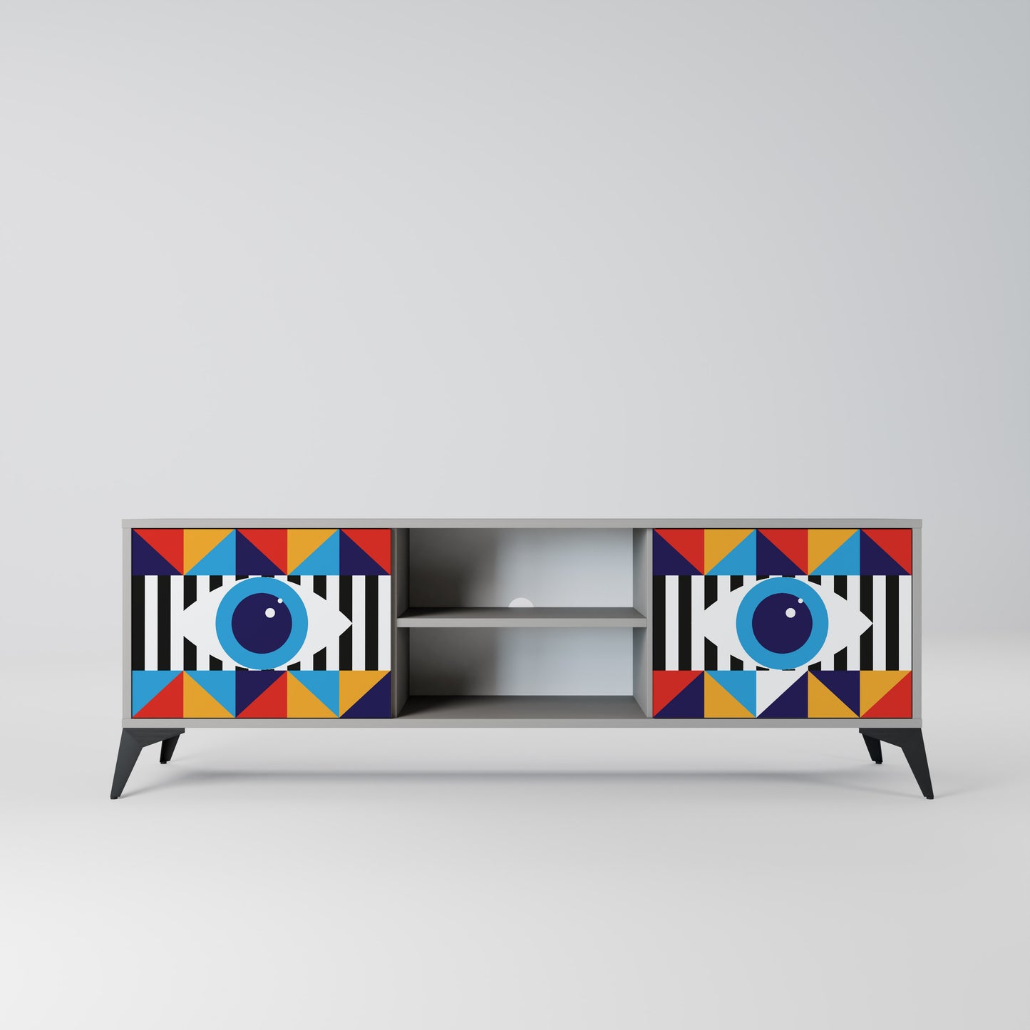 ABSTRACTION AND GEOMETRY 2-Door TV Stand in Grey Finish