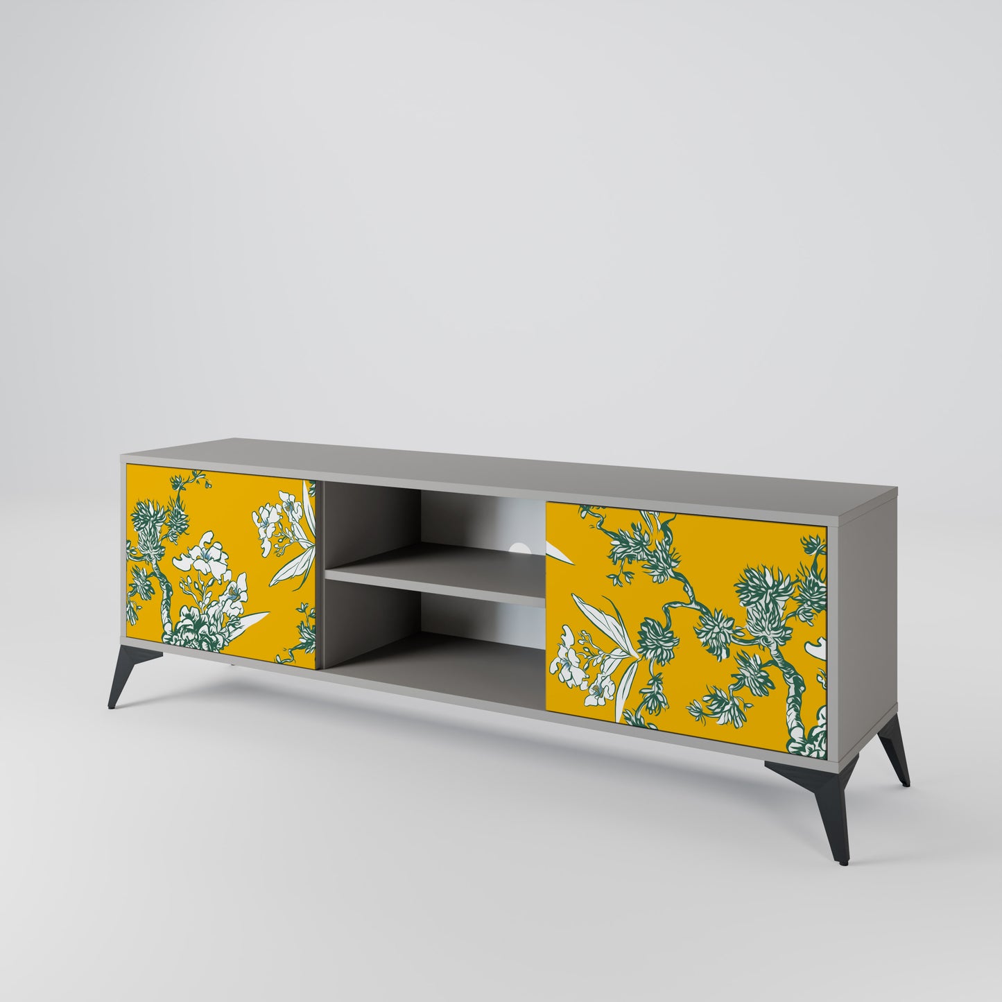 YELLOW CHINOISERIE 2-Door TV Stand in Grey Finish