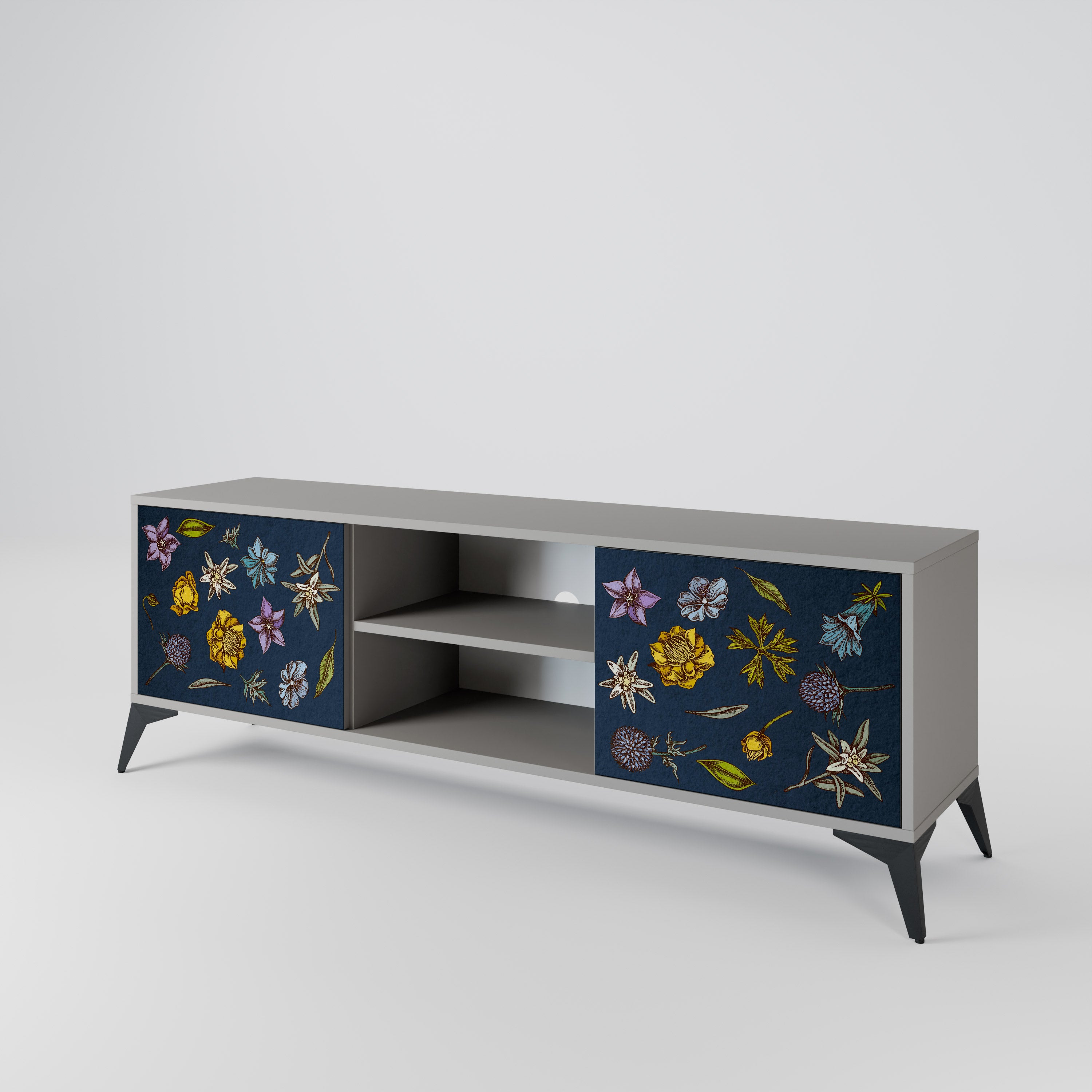BLOMMOR PÅ MARINBLÅT 2-dörrars TV-bänk i grå finish