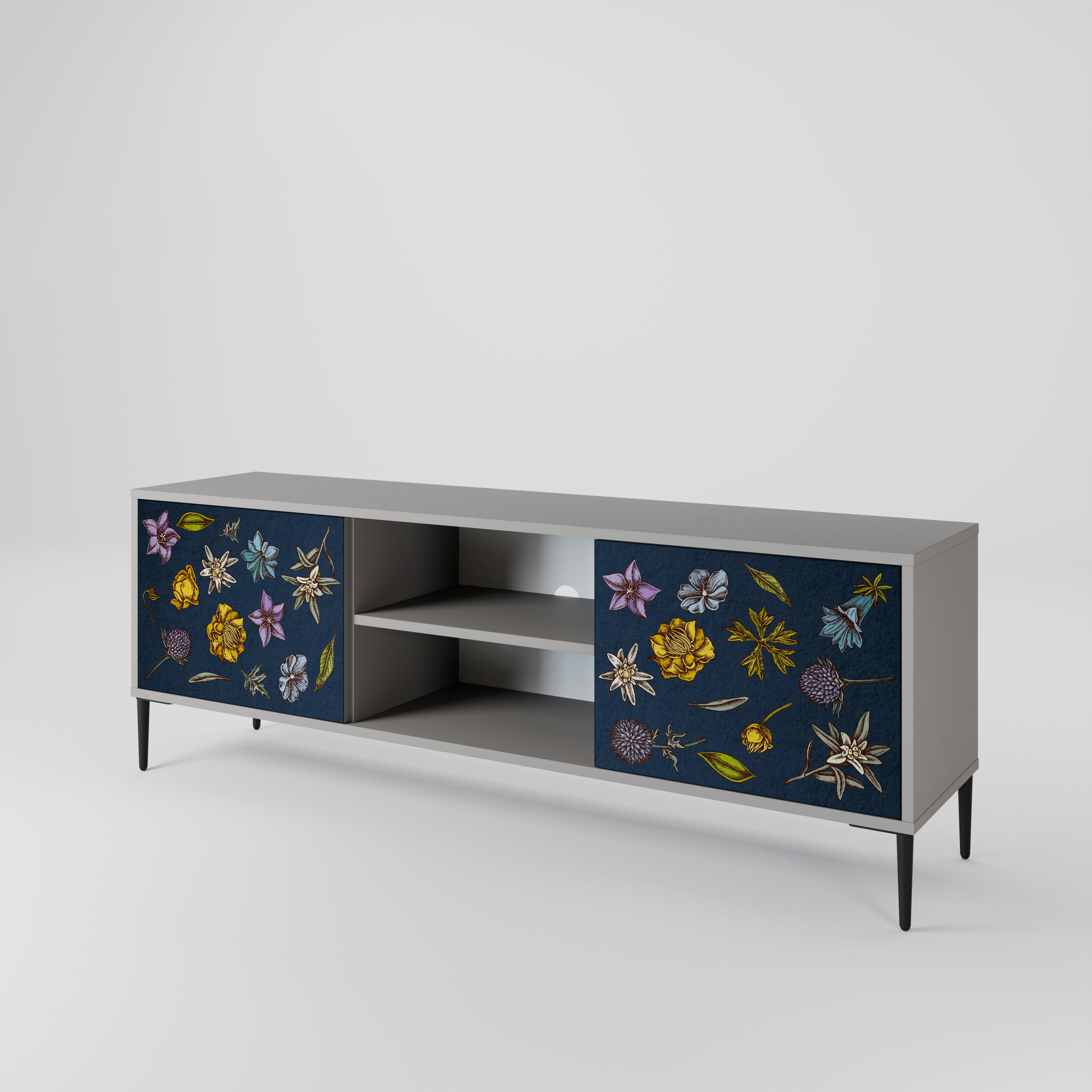 BLOMMOR PÅ MARINBLÅT 2-dörrars TV-bänk i grå finish