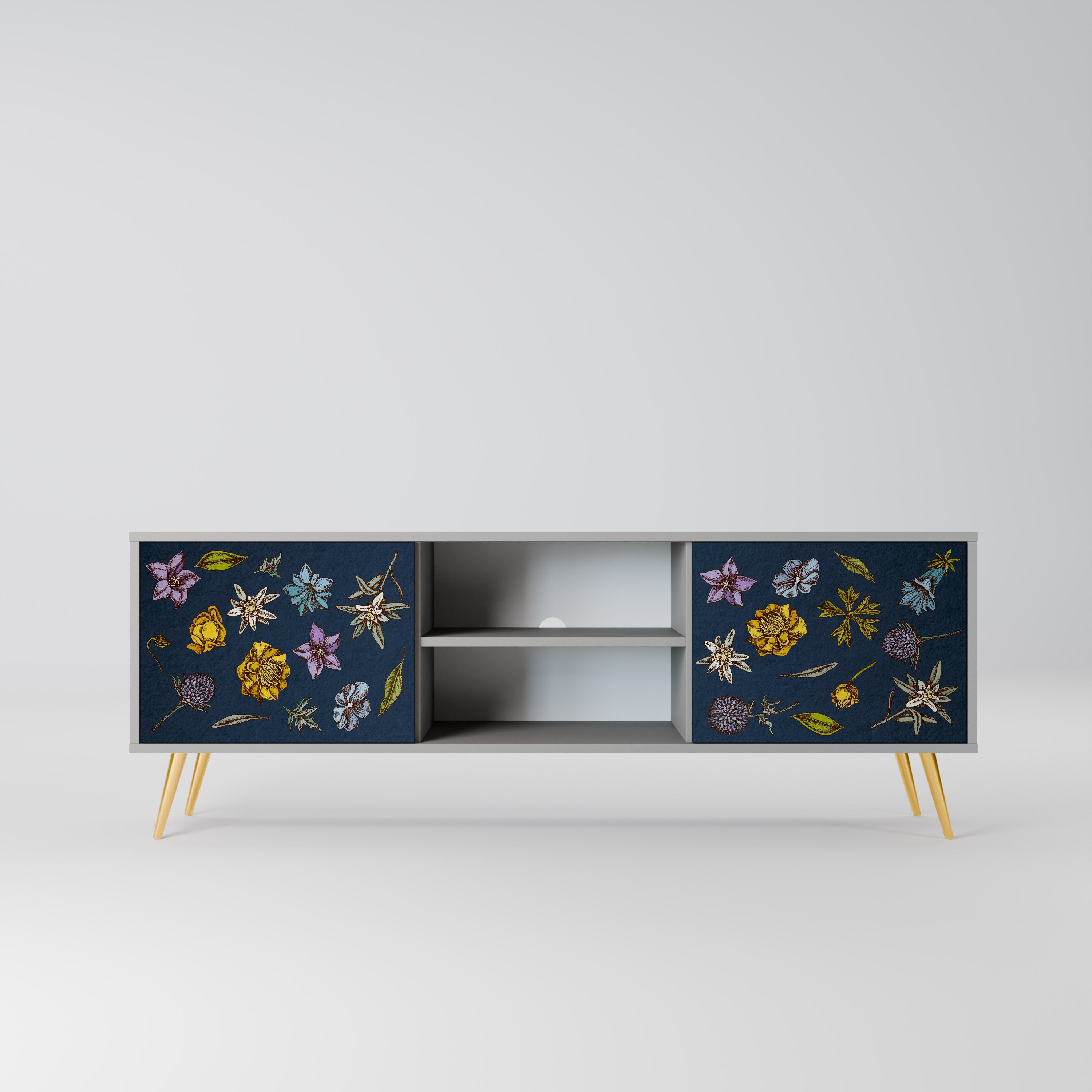 BLOMMOR PÅ MARINBLÅT 2-dörrars TV-bänk i grå finish