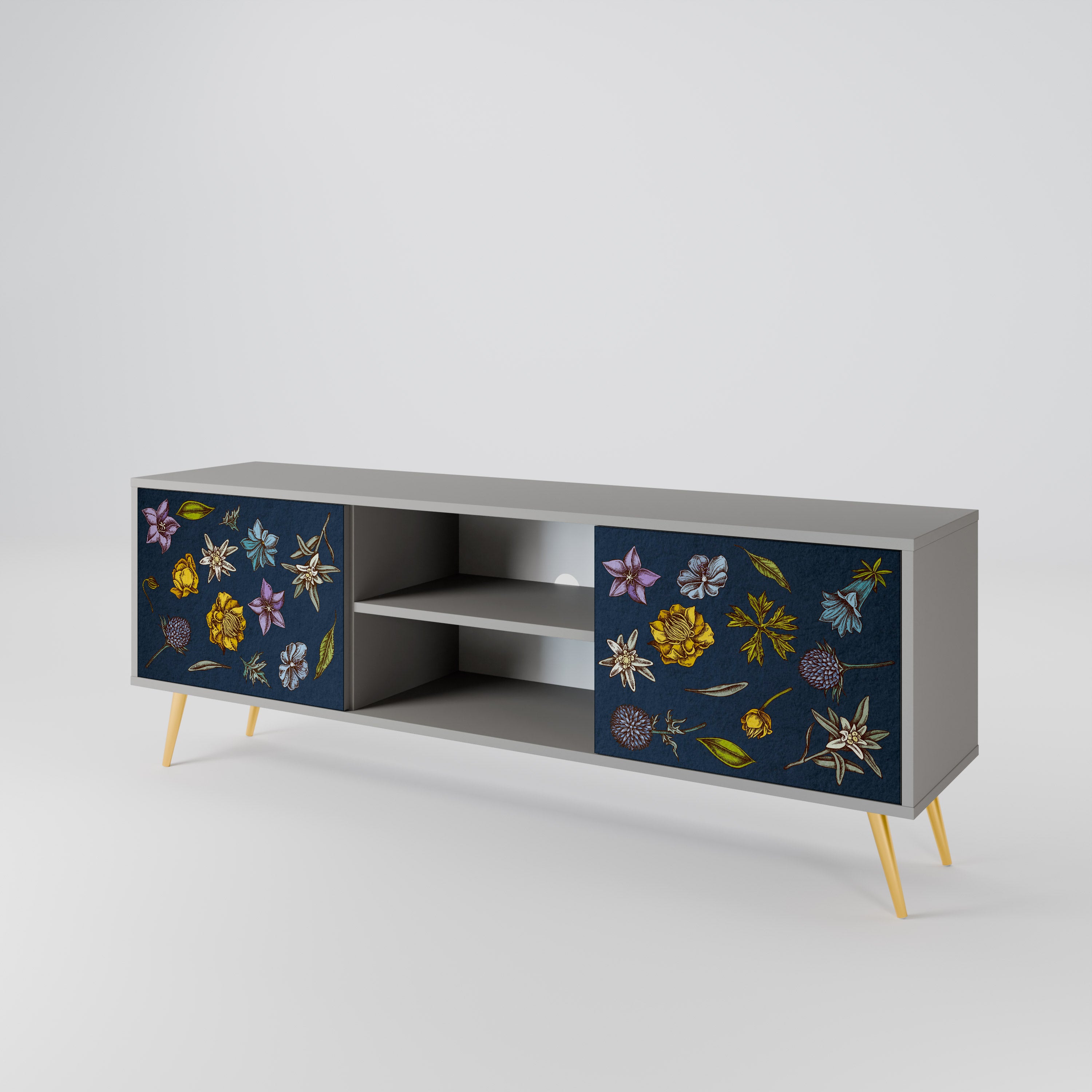 BLOMMOR PÅ MARINBLÅT 2-dörrars TV-bänk i grå finish