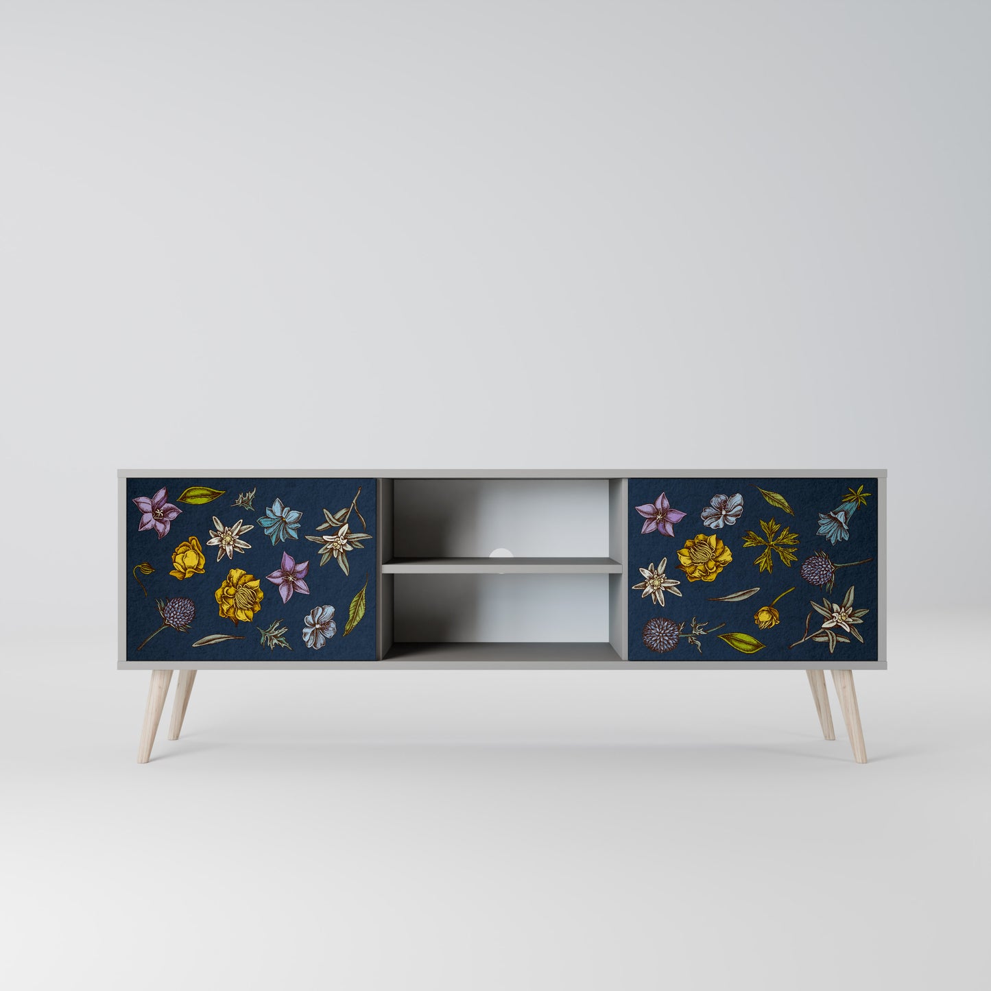 BLOMMOR PÅ MARINBLÅT 2-dörrars TV-bänk i grå finish