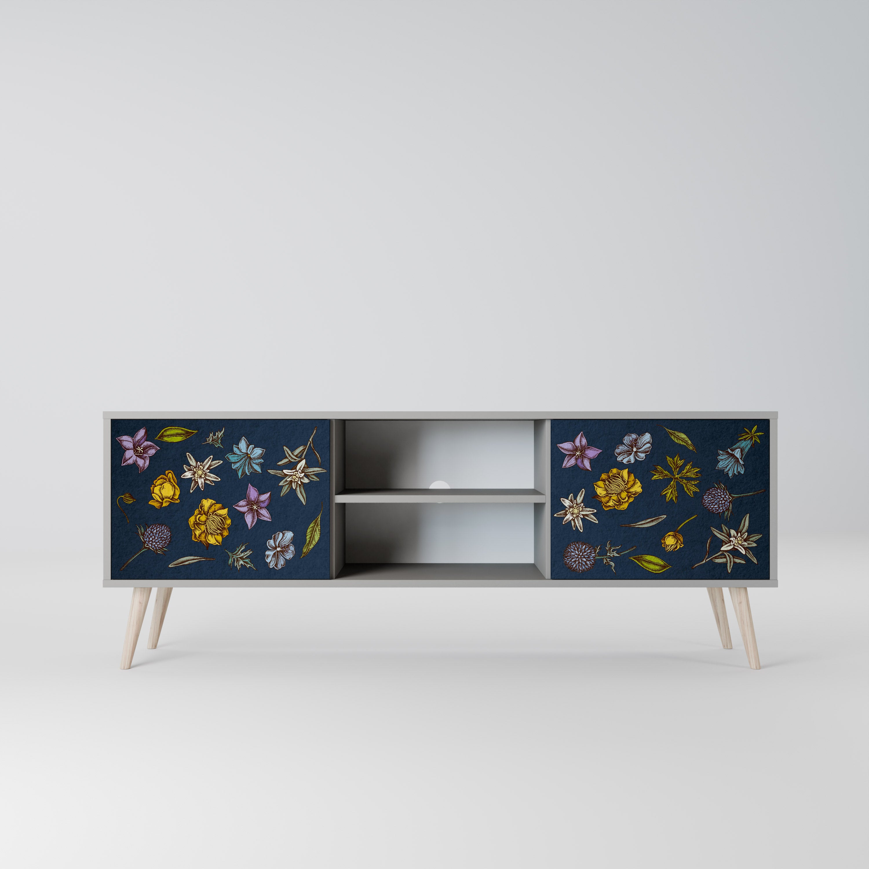 BLOMMOR PÅ MARINBLÅT 2-dörrars TV-bänk i grå finish