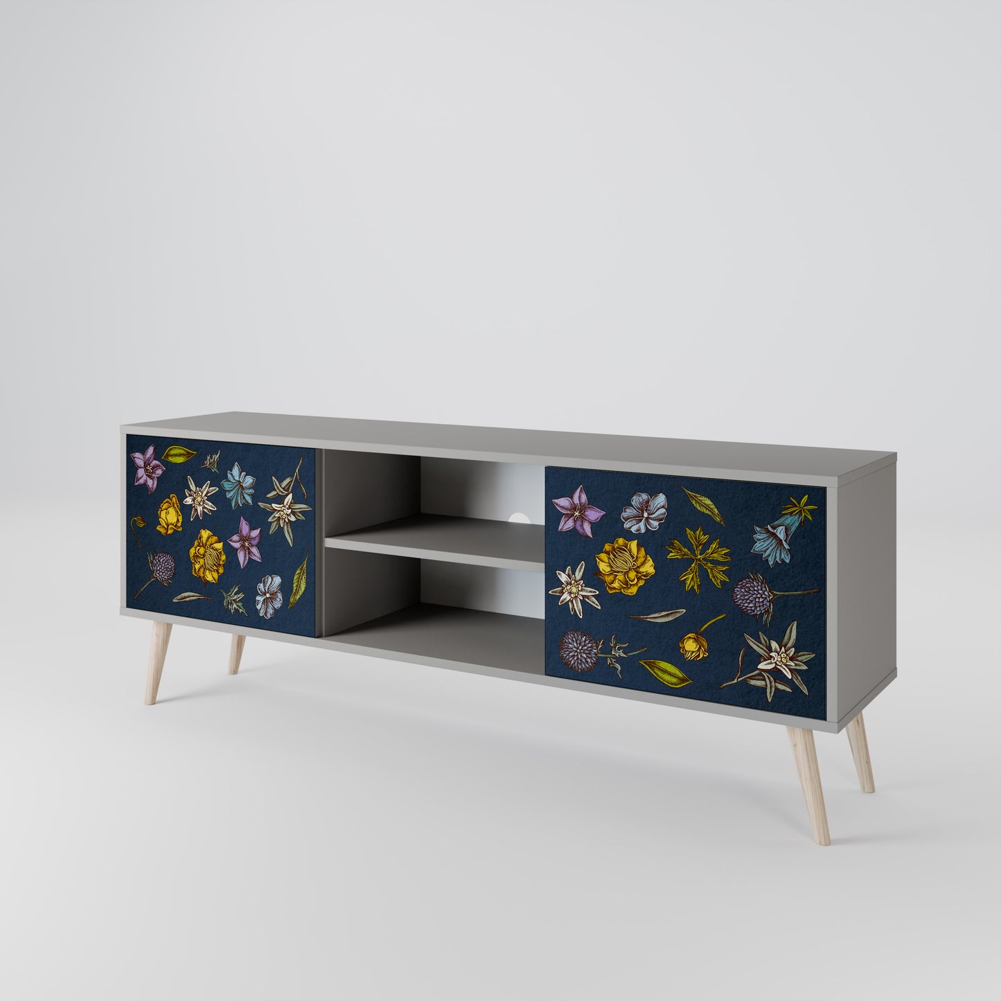 BLOMMOR PÅ MARINBLÅT 2-dörrars TV-bänk i grå finish