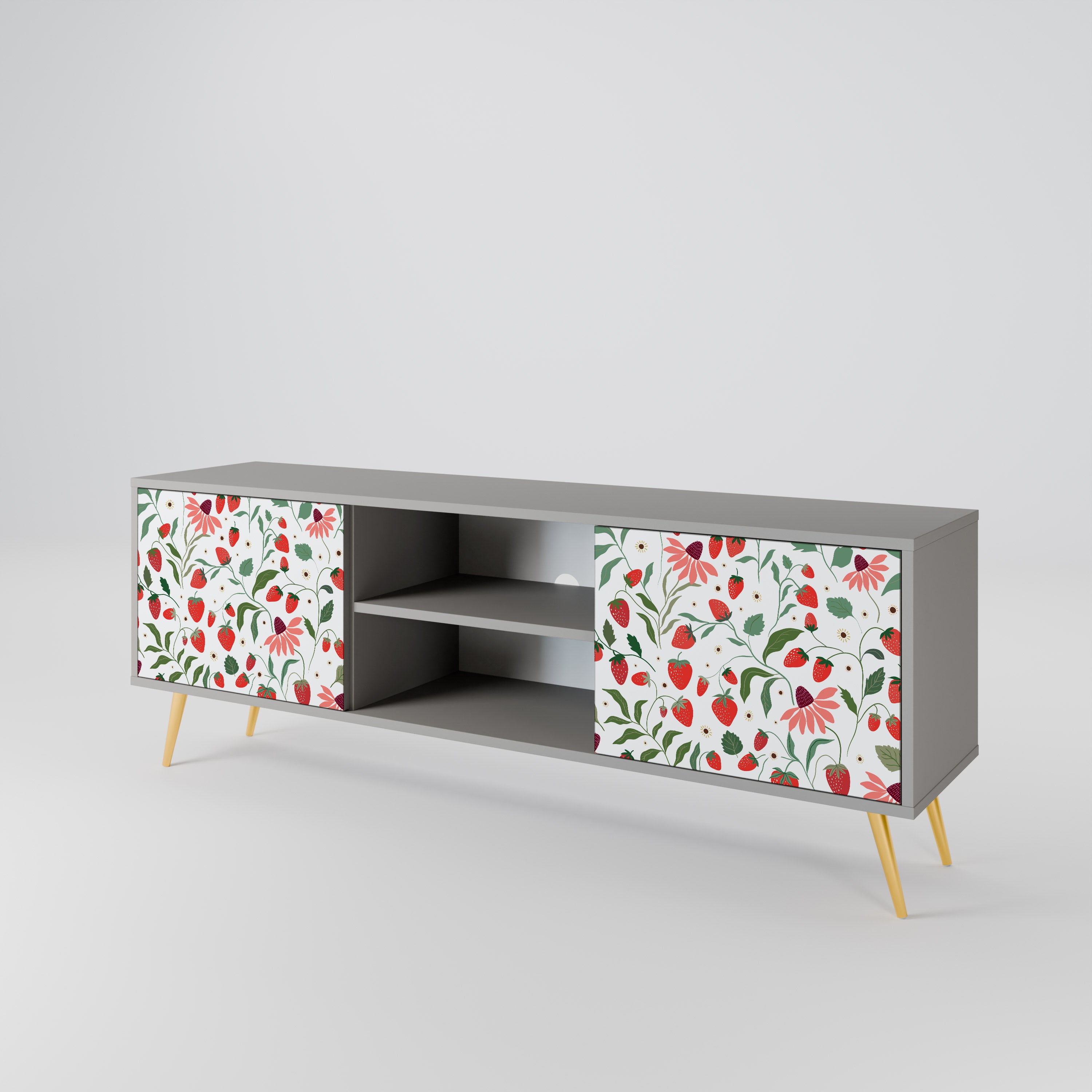 BLOMMOR OCH JORDGUBBAR 2-dörrars TV-bänk i grå finish