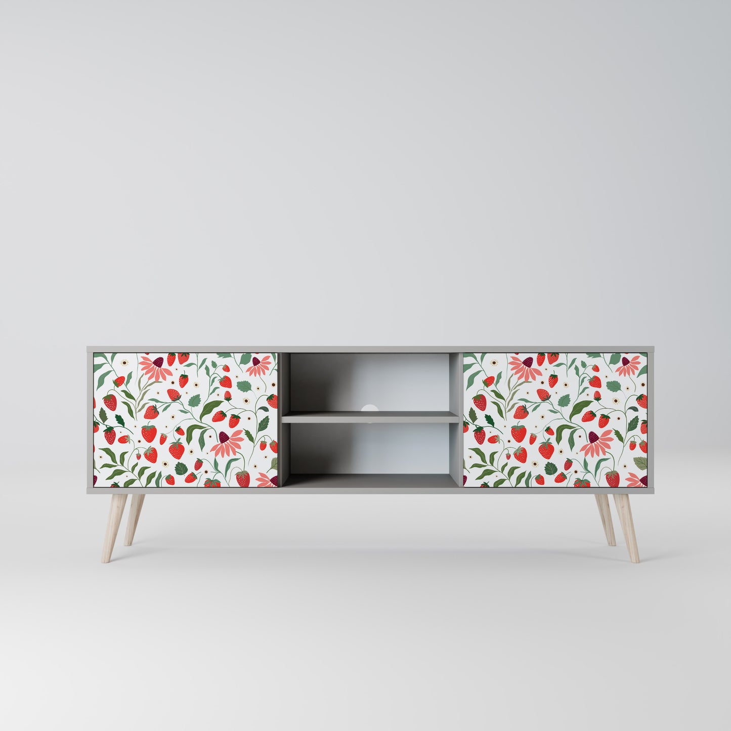 BLOMMOR OCH JORDGUBBAR 2-dörrars TV-bänk i grå finish