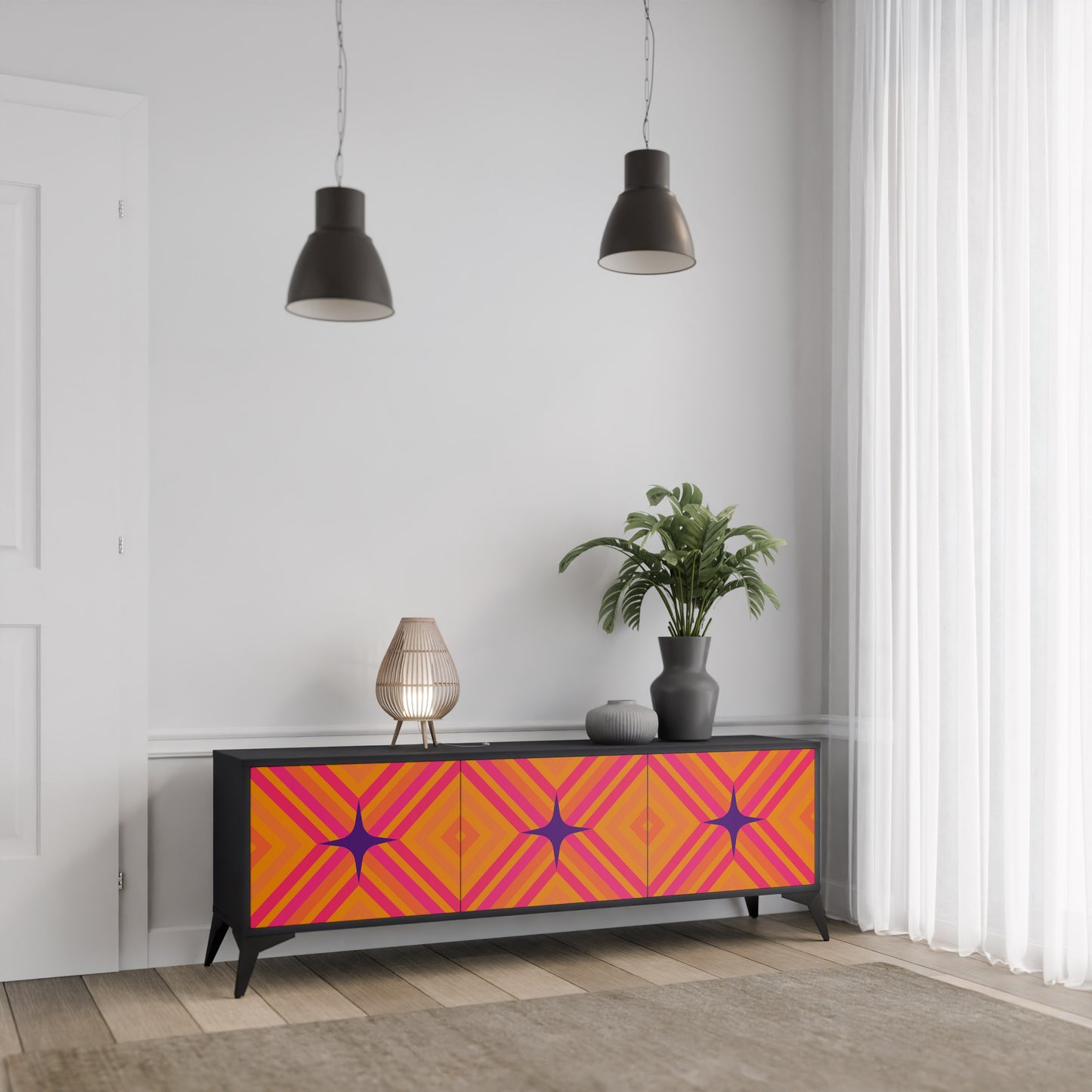 GEOMETRIC BRILLIANCE 3-dörrars TV-bänk i svart finish