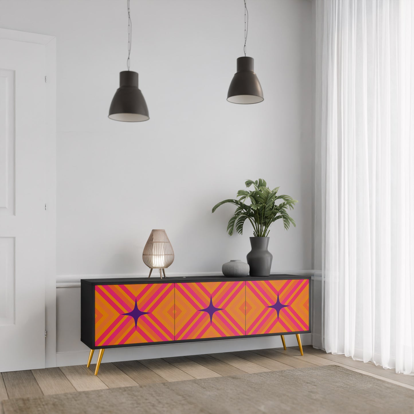 GEOMETRIC BRILLIANCE 3-dörrars TV-bänk i svart finish