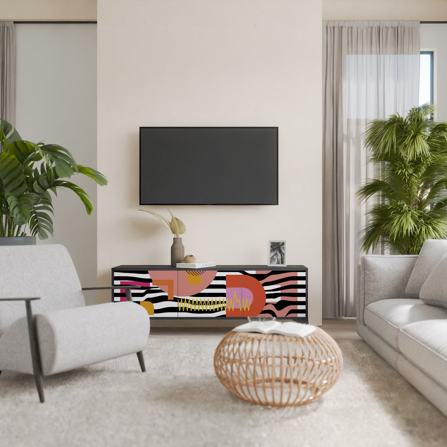 CHROMATIC ABSTRACT 3-Door TV Stand in Black Finish