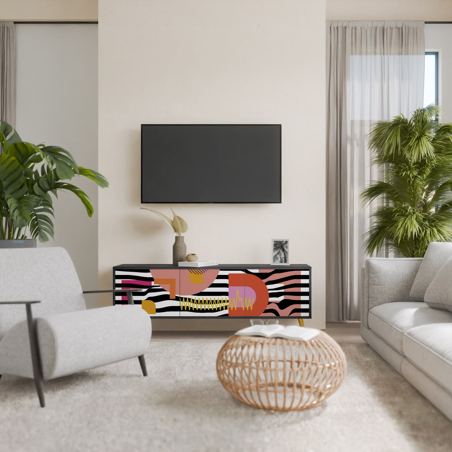 CHROMATIC ABSTRACT 3-Door TV Stand in Black Finish