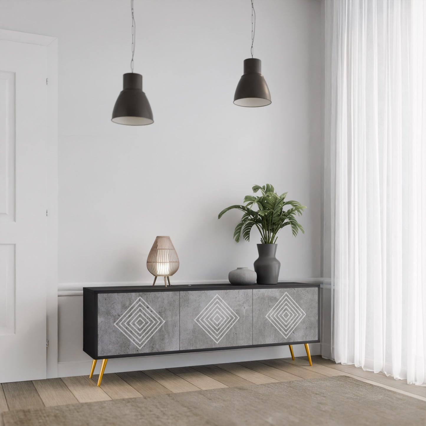 POLYGONAL ARTISTRY 3-dörrars TV-bänk i svart finish