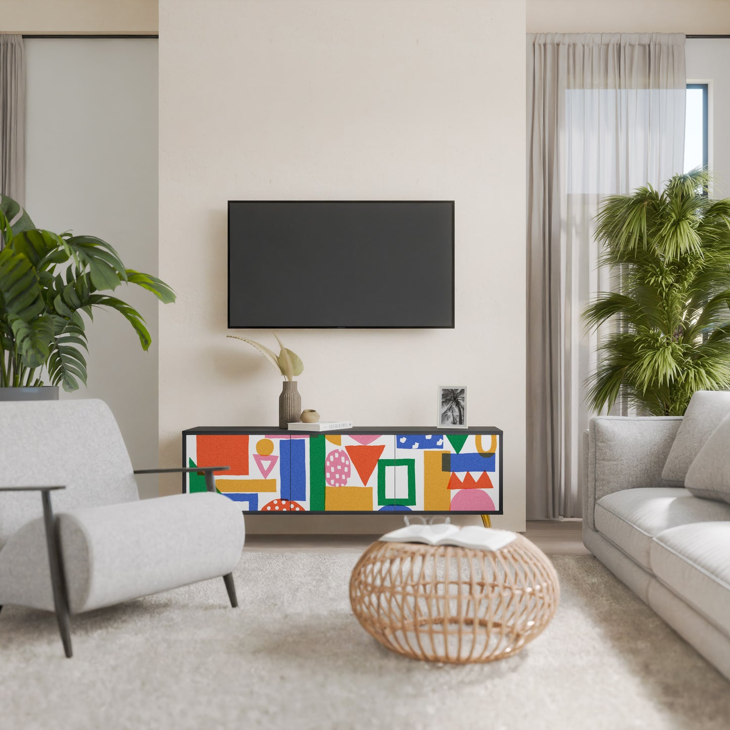 GEOMETRIC GLIMMER 3-dörrars TV-bänk i svart finish