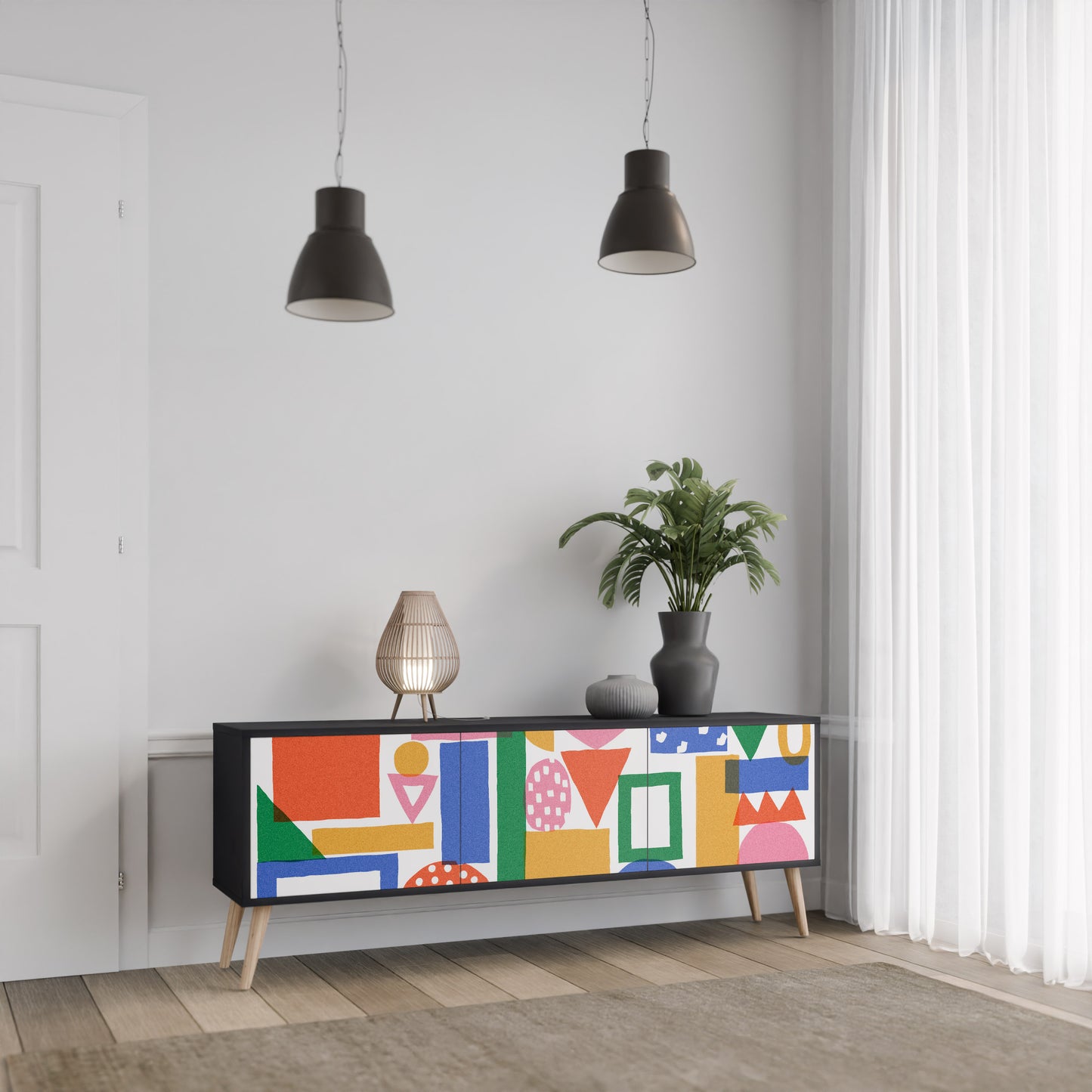 GEOMETRIC GLIMMER 3-dörrars TV-bänk i svart finish