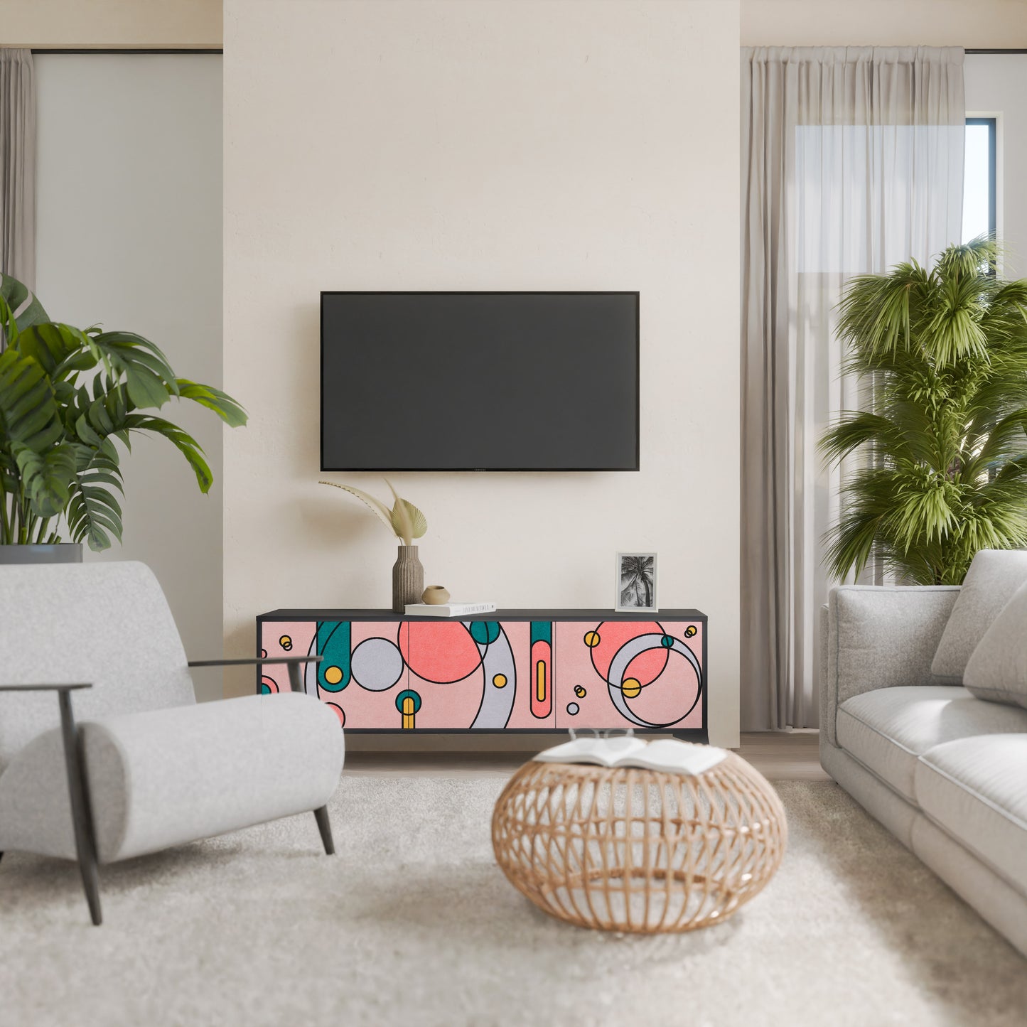 GOSSAMER ECHOES 3-Door TV Stand in Black Finish