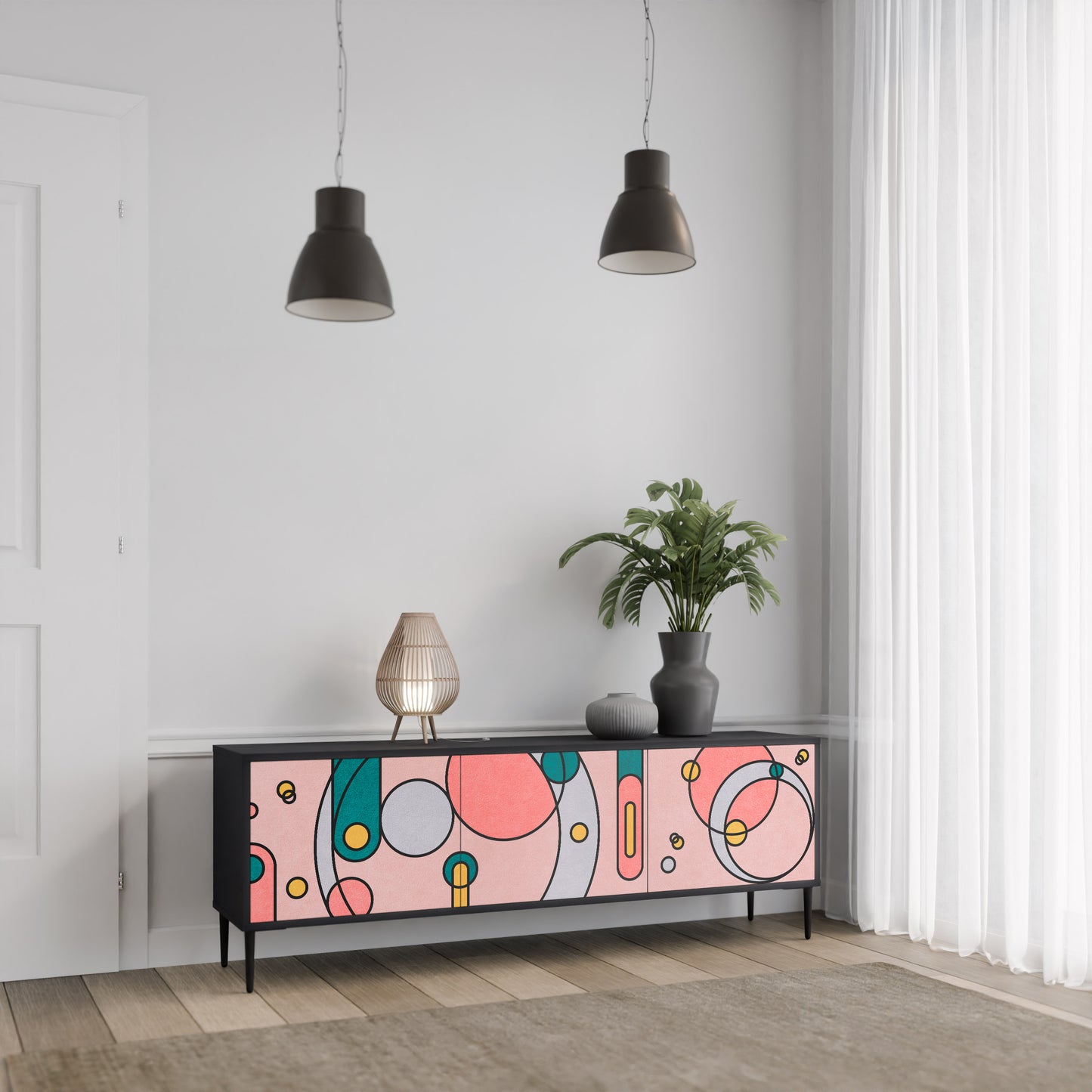 GOSSAMER ECHOES 3-Door TV Stand in Black Finish
