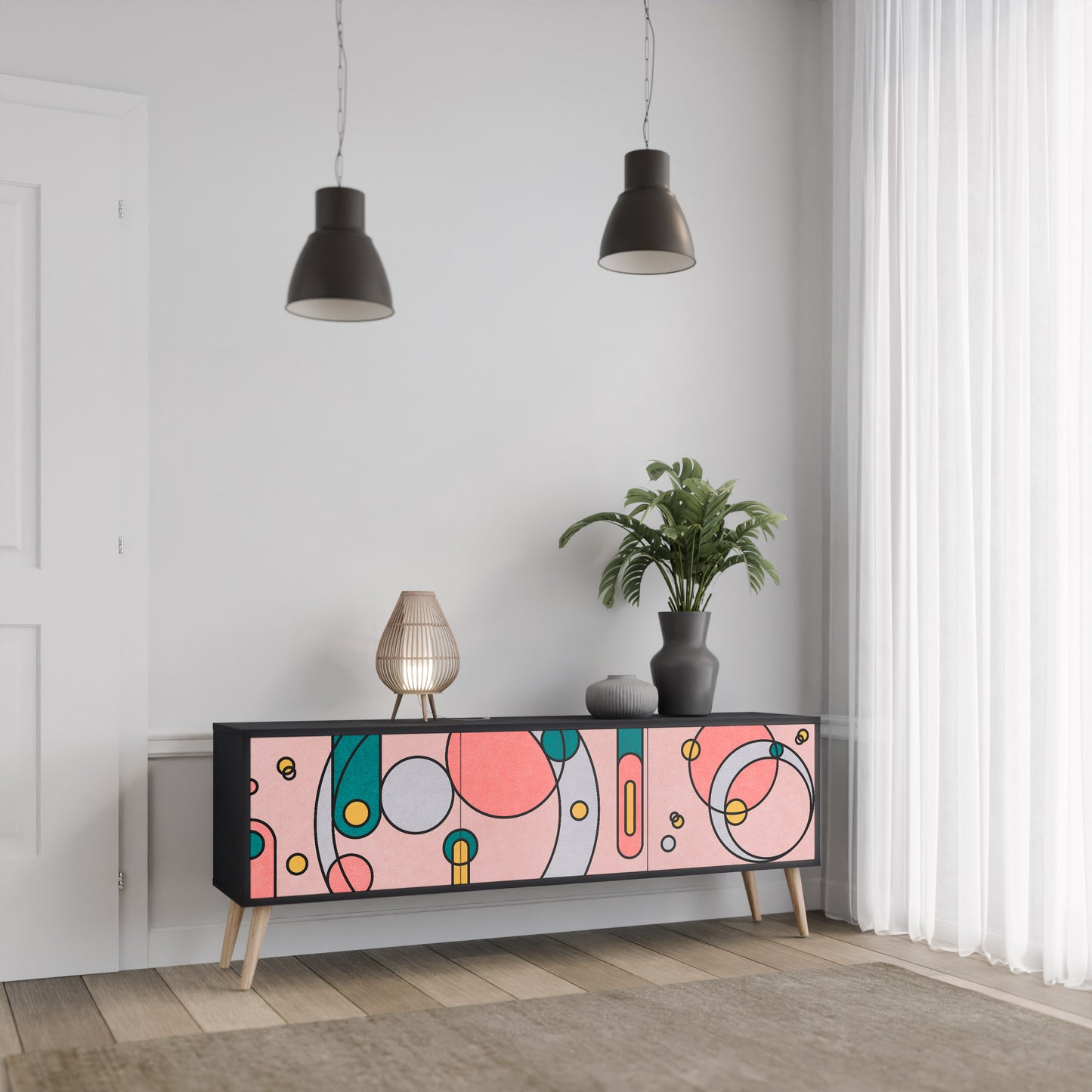 GOSSAMER ECHOES 3-Door TV Stand in Black Finish