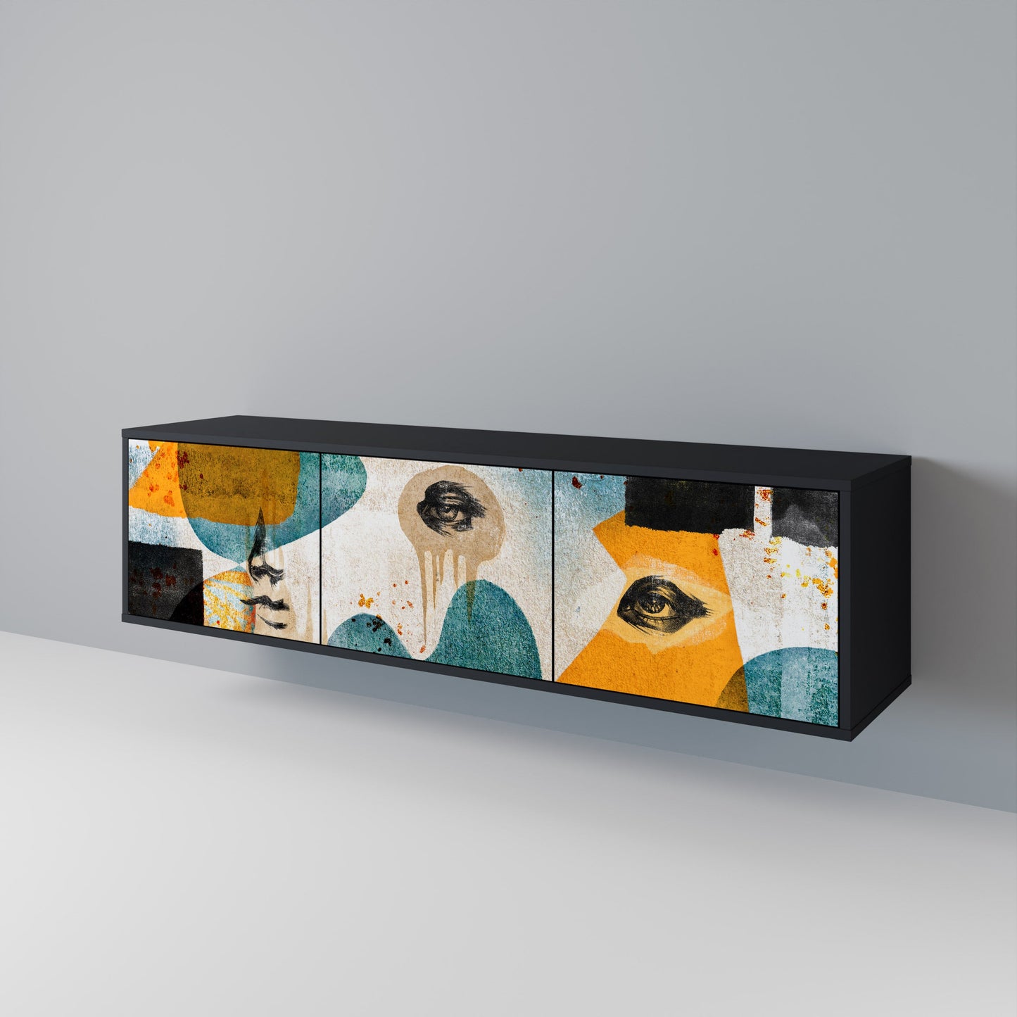 ABSTRACT FACES 3-dörrars TV-bänk i svart finish