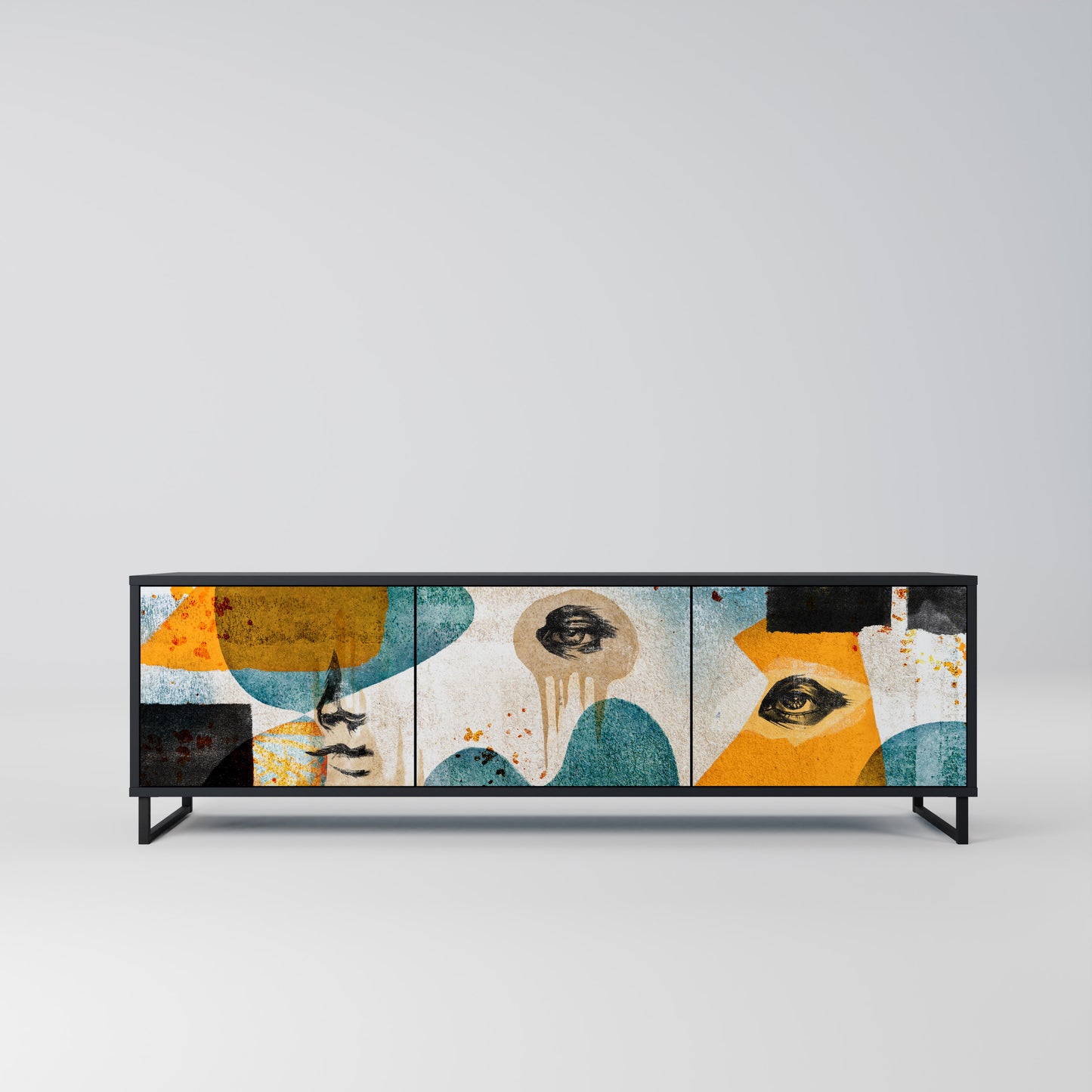 ABSTRACT FACES 3-Door TV Stand in Black Finish