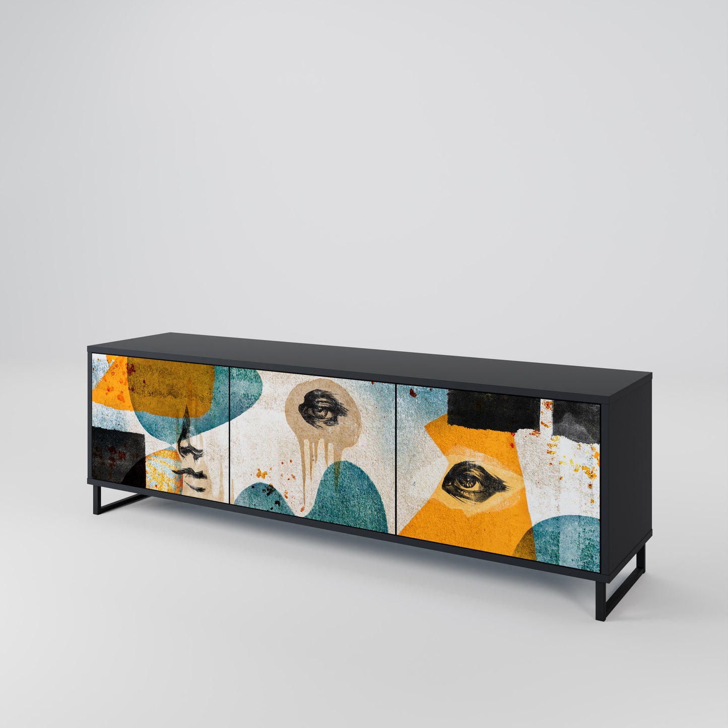 ABSTRACT FACES 3-Door TV Stand in Black Finish