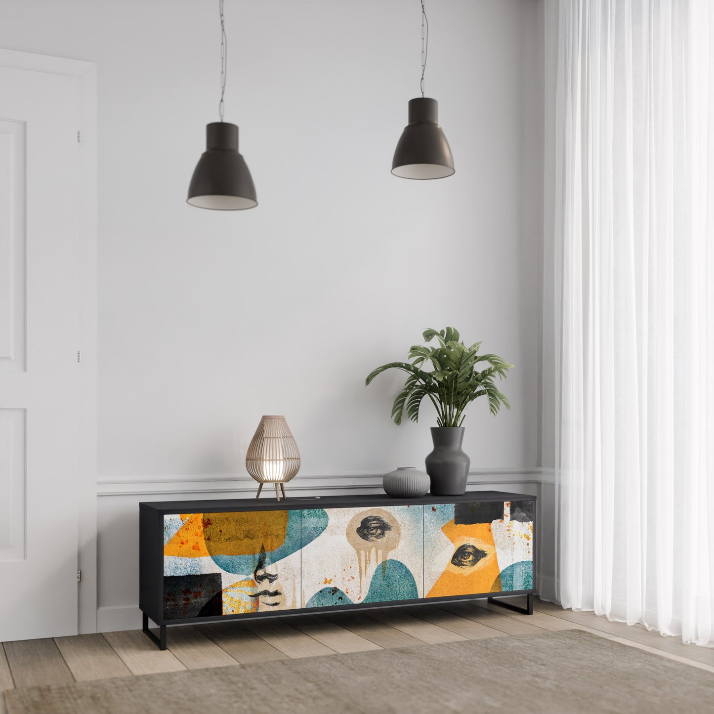 ABSTRACT FACES 3-Door TV Stand in Black Finish