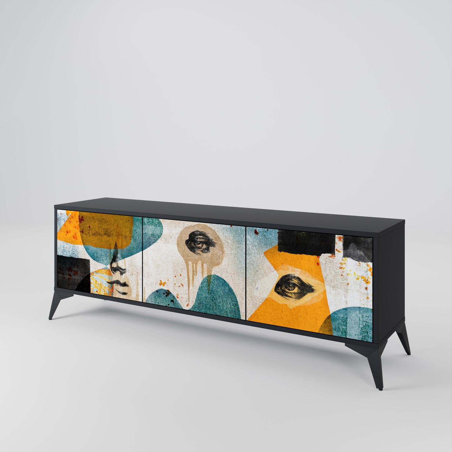 ABSTRACT FACES 3-Door TV Stand in Black Finish