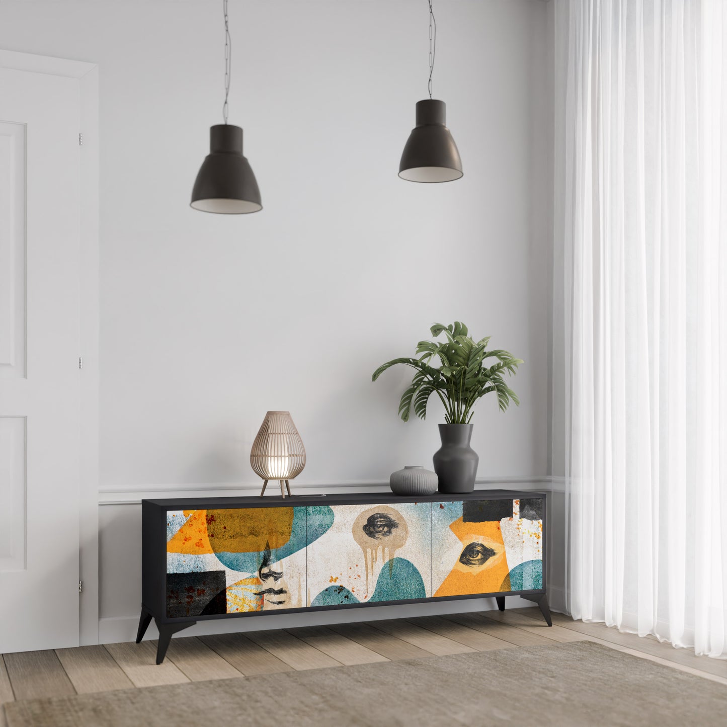 ABSTRACT FACES 3-Door TV Stand in Black Finish