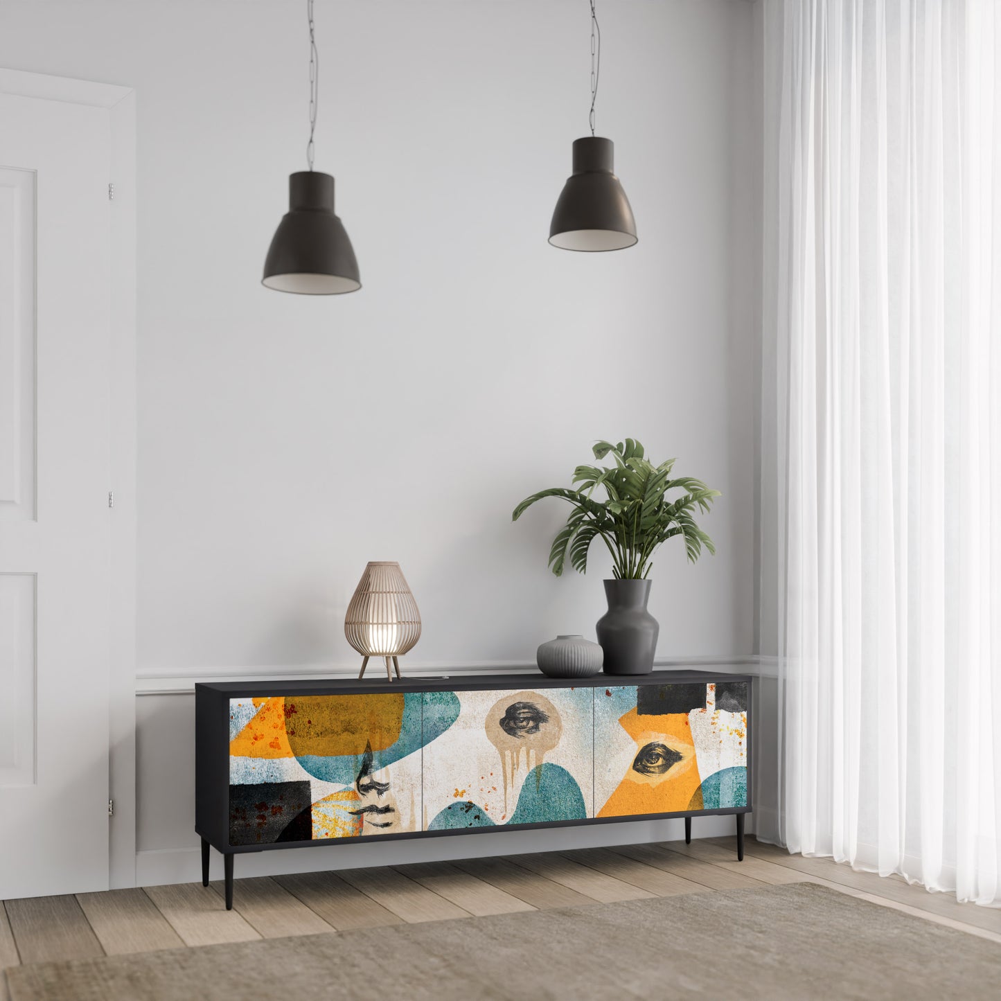 ABSTRACT FACES 3-Door TV Stand in Black Finish