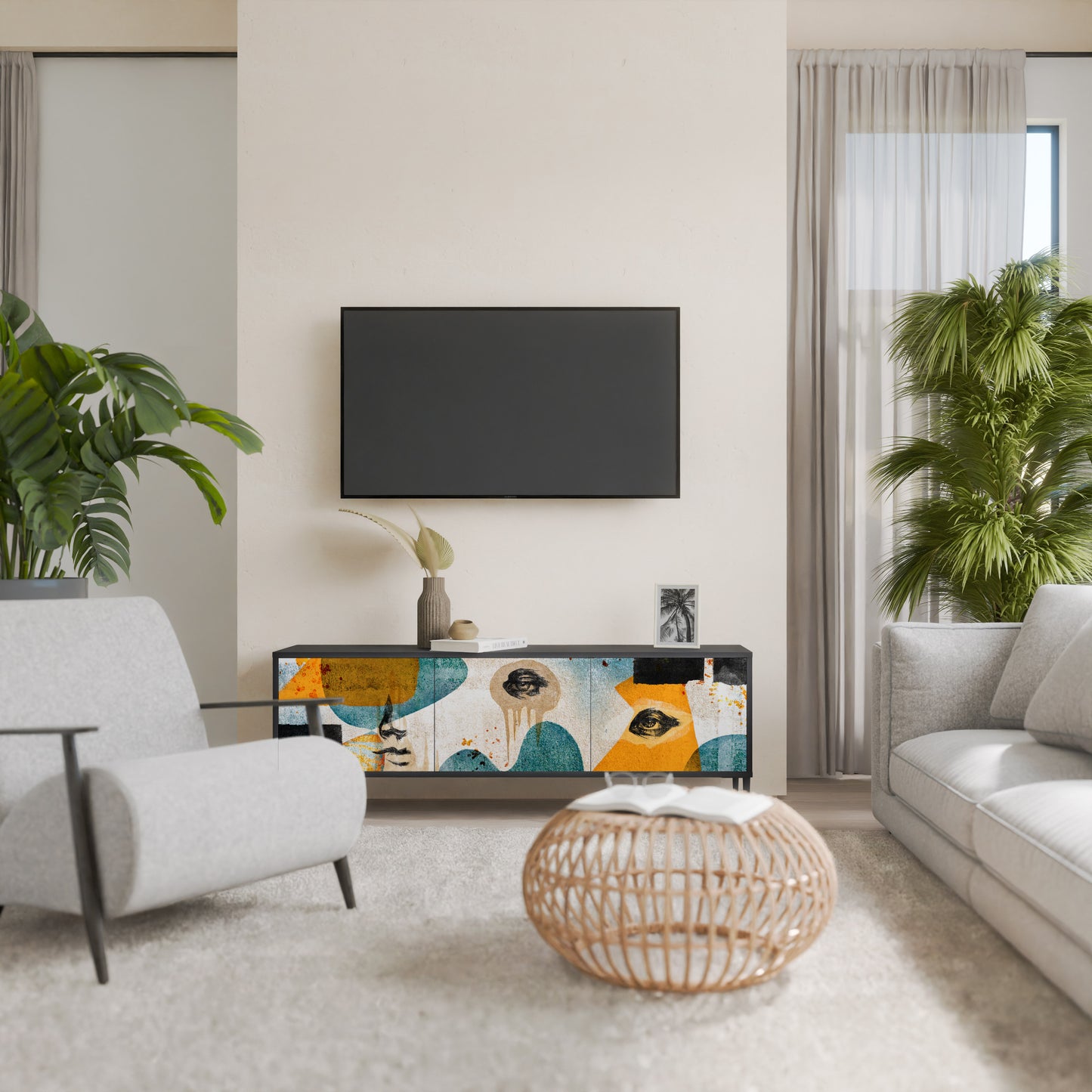 ABSTRACT FACES 3-Door TV Stand in Black Finish
