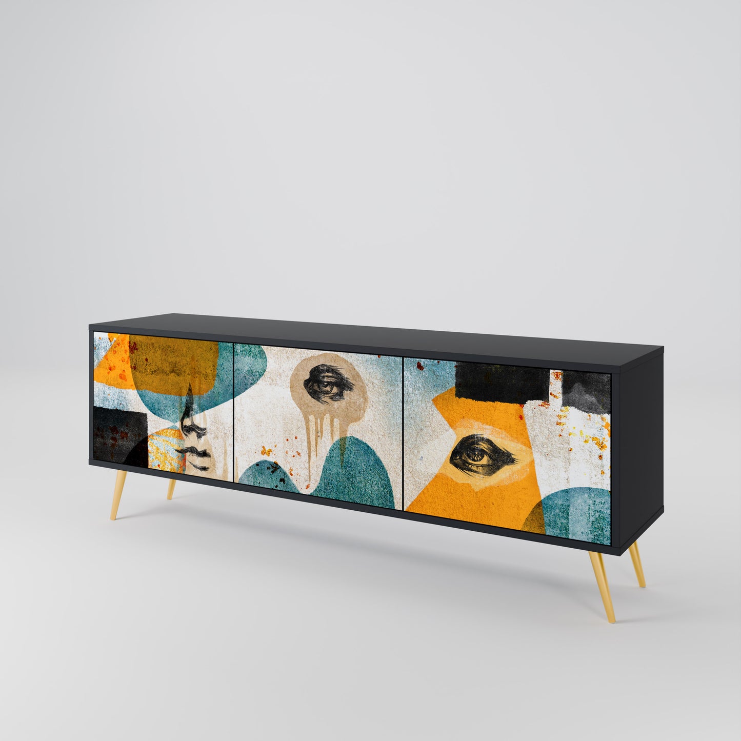ABSTRACT FACES 3-Door TV Stand in Black Finish