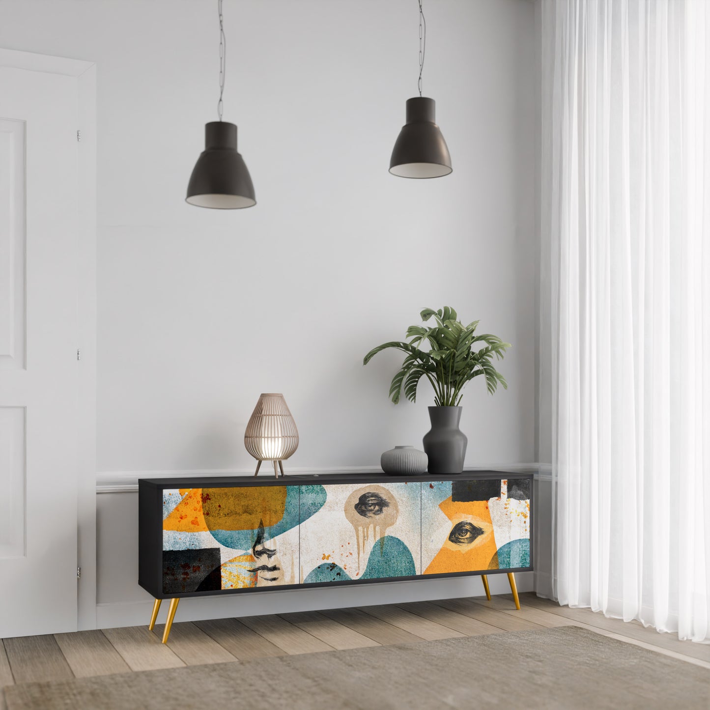 ABSTRACT FACES 3-Door TV Stand in Black Finish