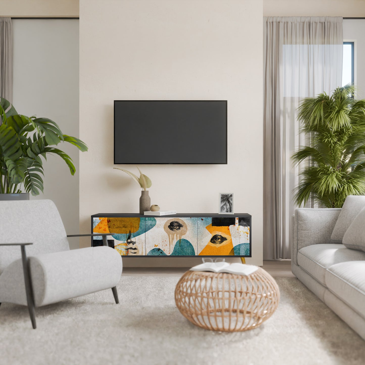 ABSTRACT FACES 3-Door TV Stand in Black Finish