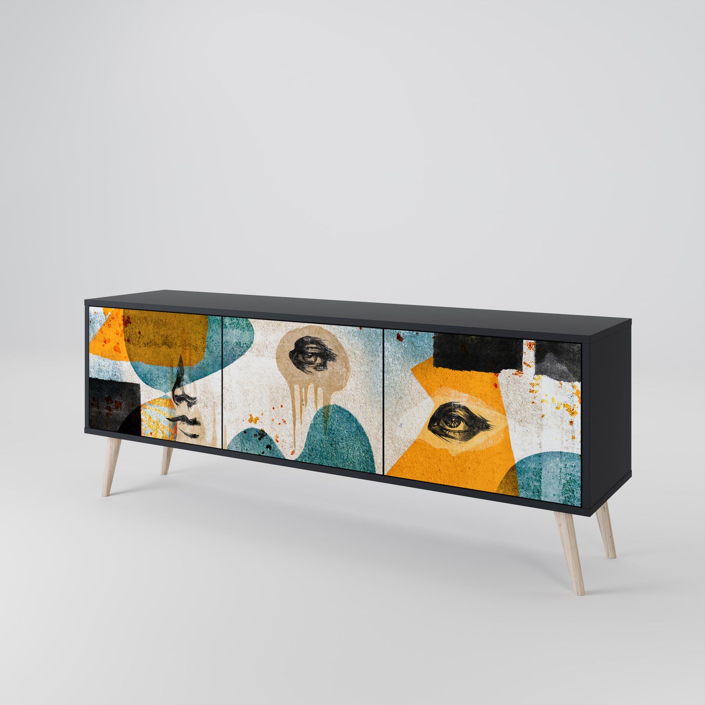 ABSTRACT FACES 3-Door TV Stand in Black Finish