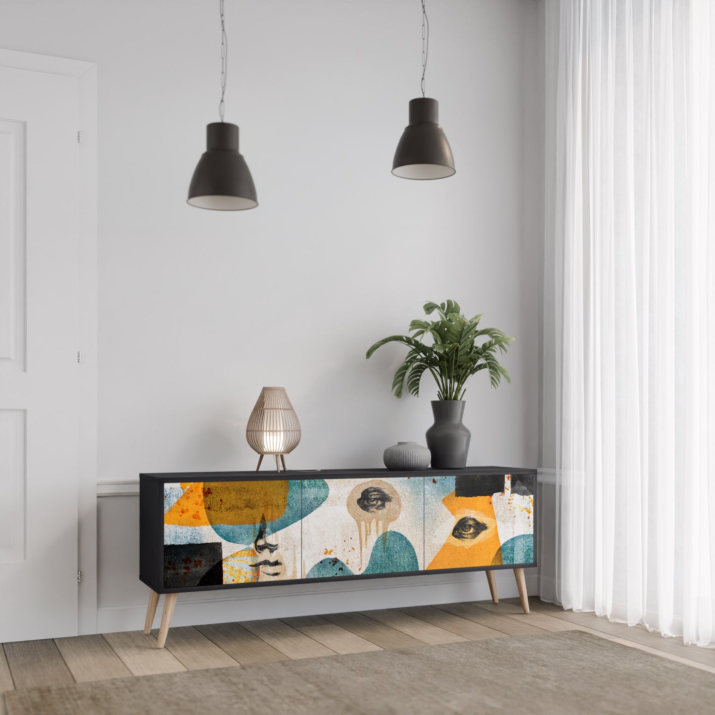 ABSTRACT FACES 3-Door TV Stand in Black Finish