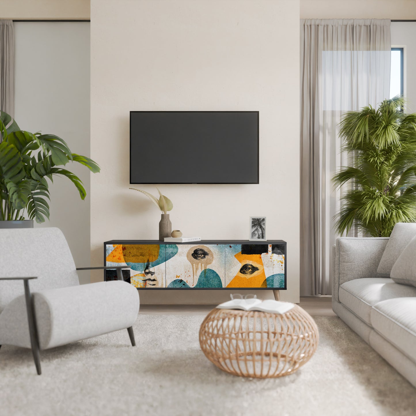 ABSTRACT FACES 3-Door TV Stand in Black Finish