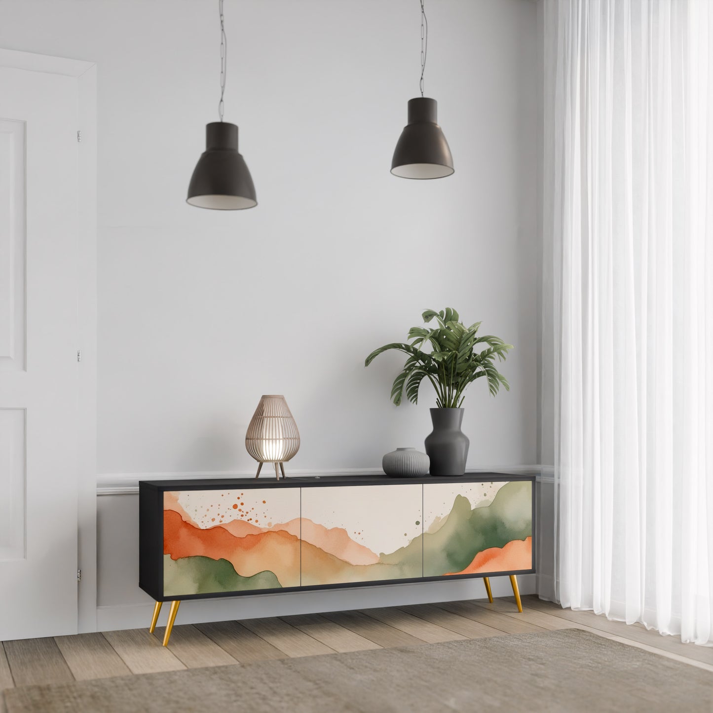 WATERCOLOUR PEAKS 3-Door TV Stand in Black Finish