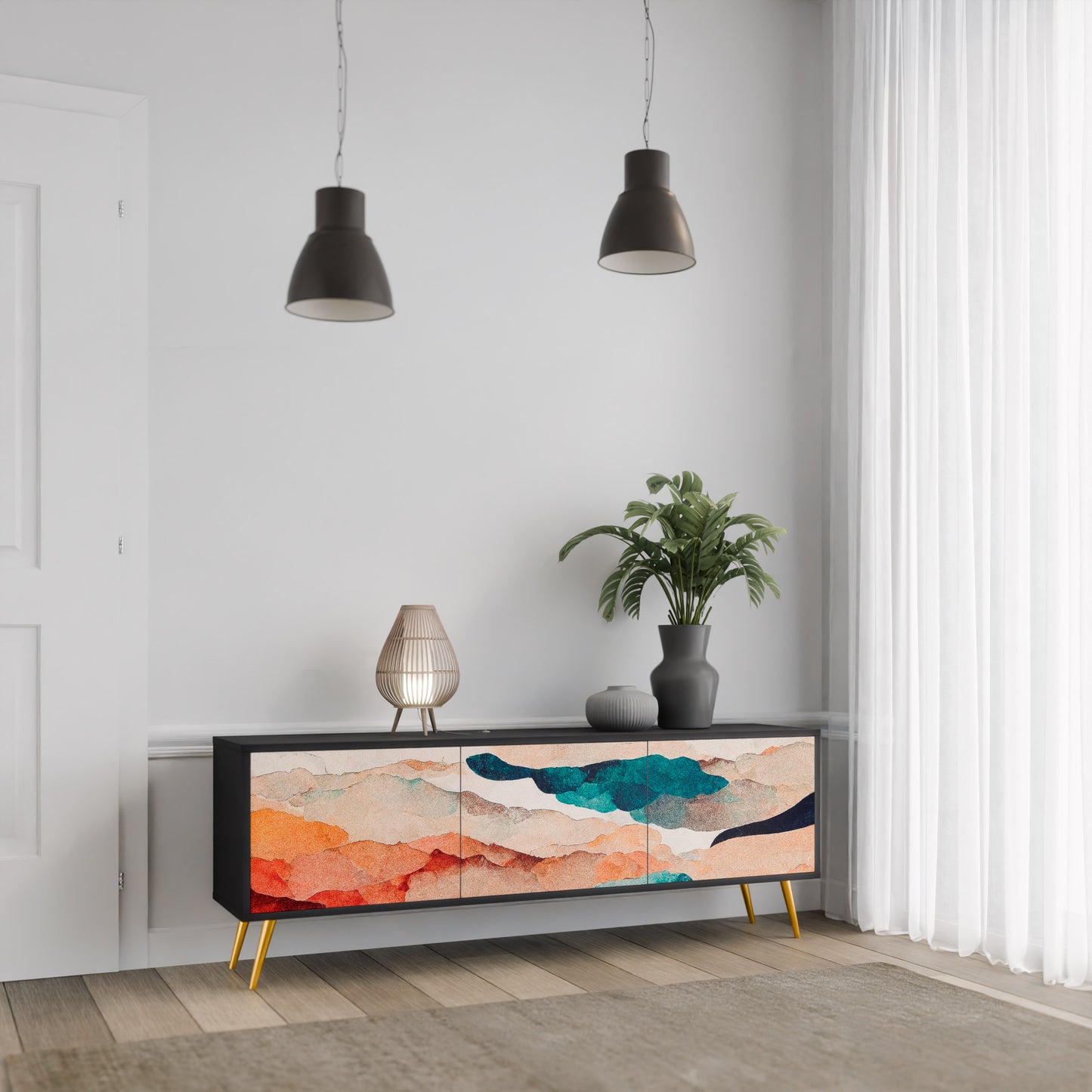 ABSTRACT LANDSCAPE 3-Door TV Stand in Black Finish