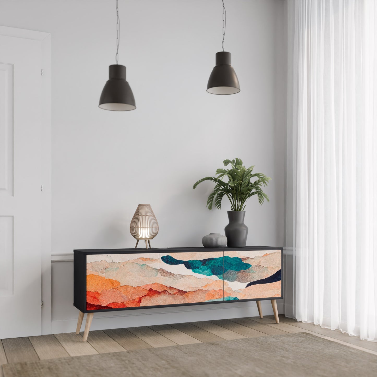 ABSTRACT LANDSCAPE 3-Door TV Stand in Black Finish