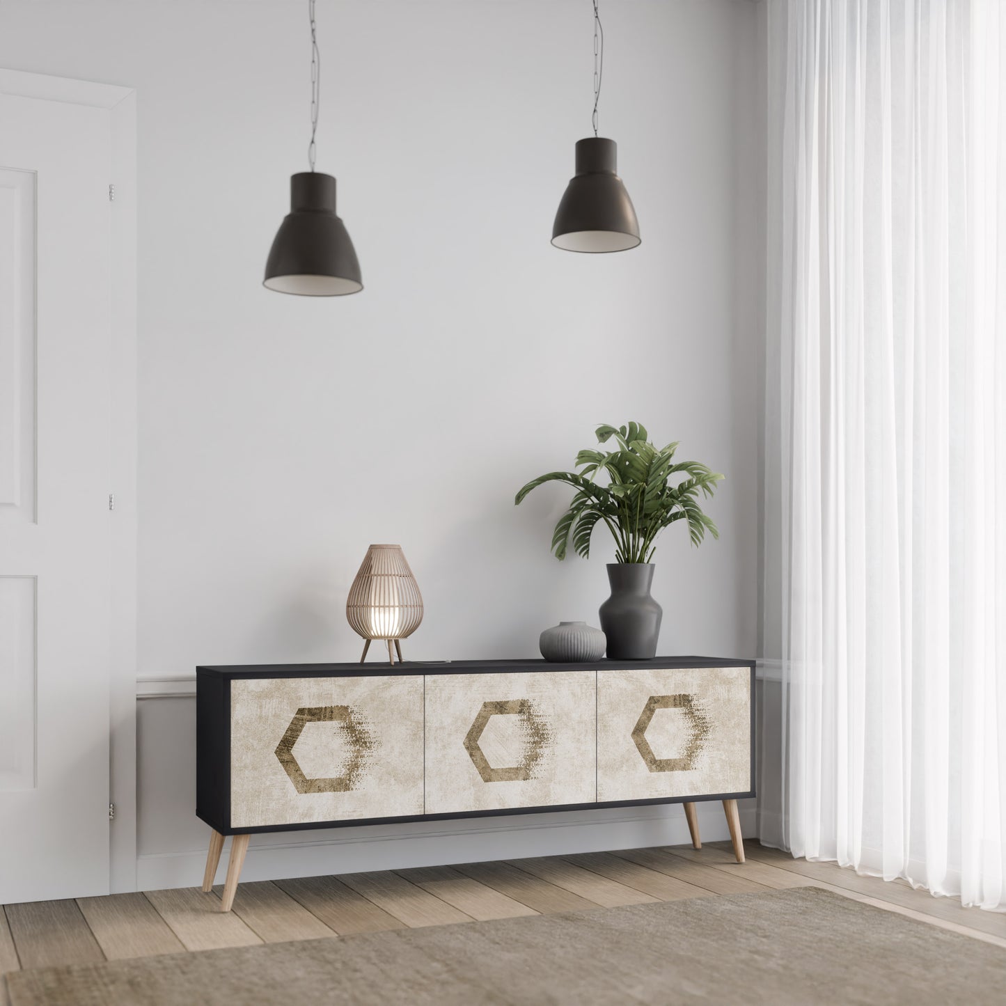 HEXAGONAL SHAPES 3-dörrars TV-bänk i svart finish