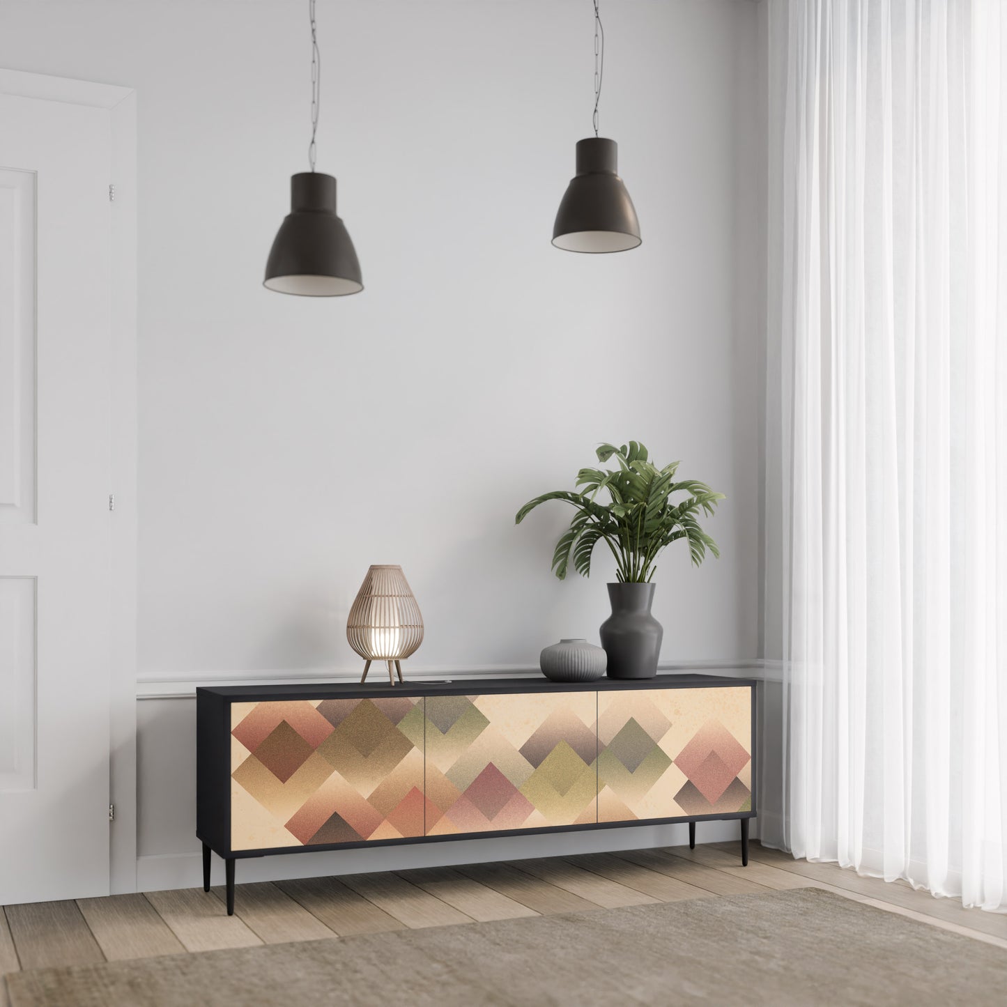 GEOMETRIC FUSION 3-dörrars TV-bänk i svart finish