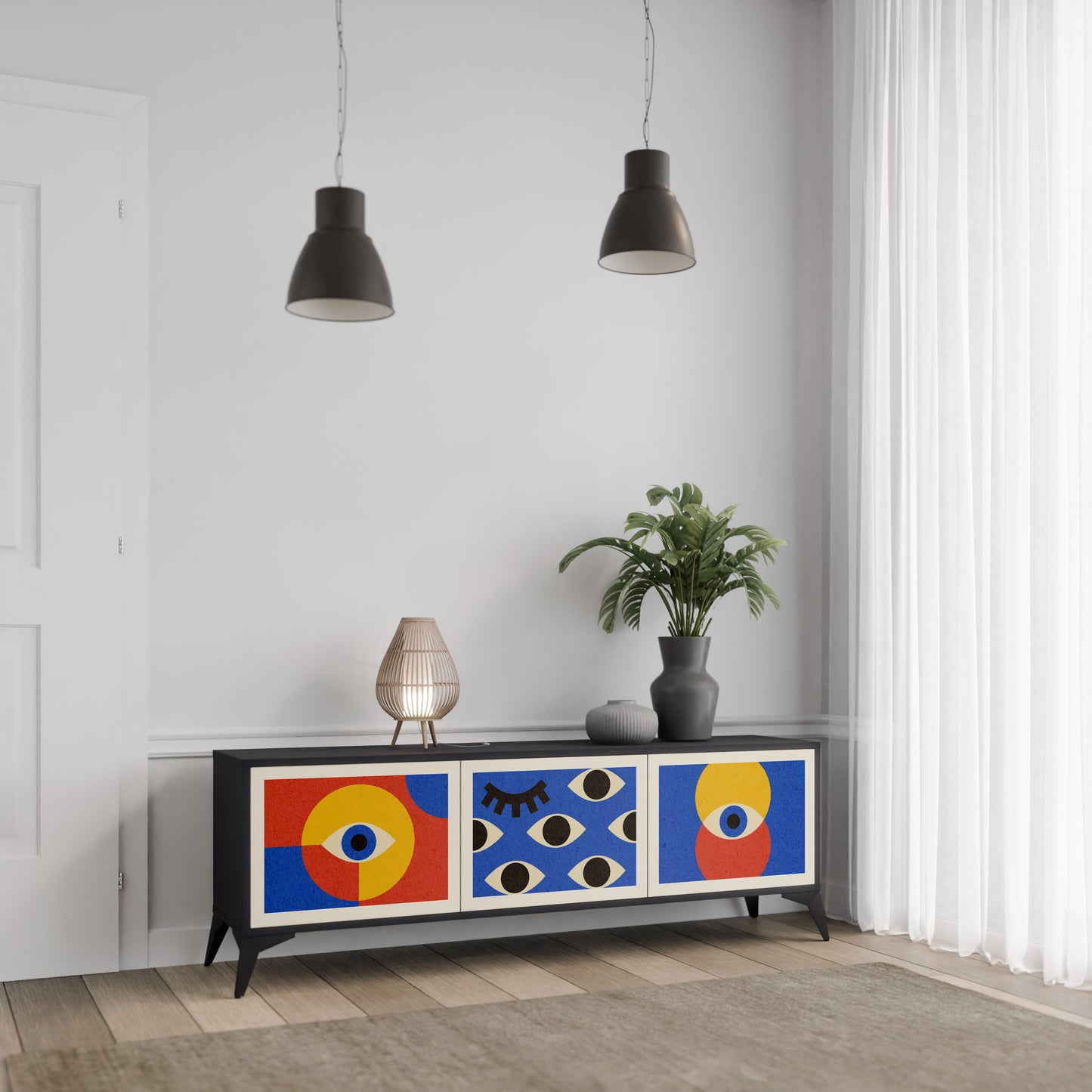 GEOMETRIC EYES 3-dörrars TV-bänk i svart finish