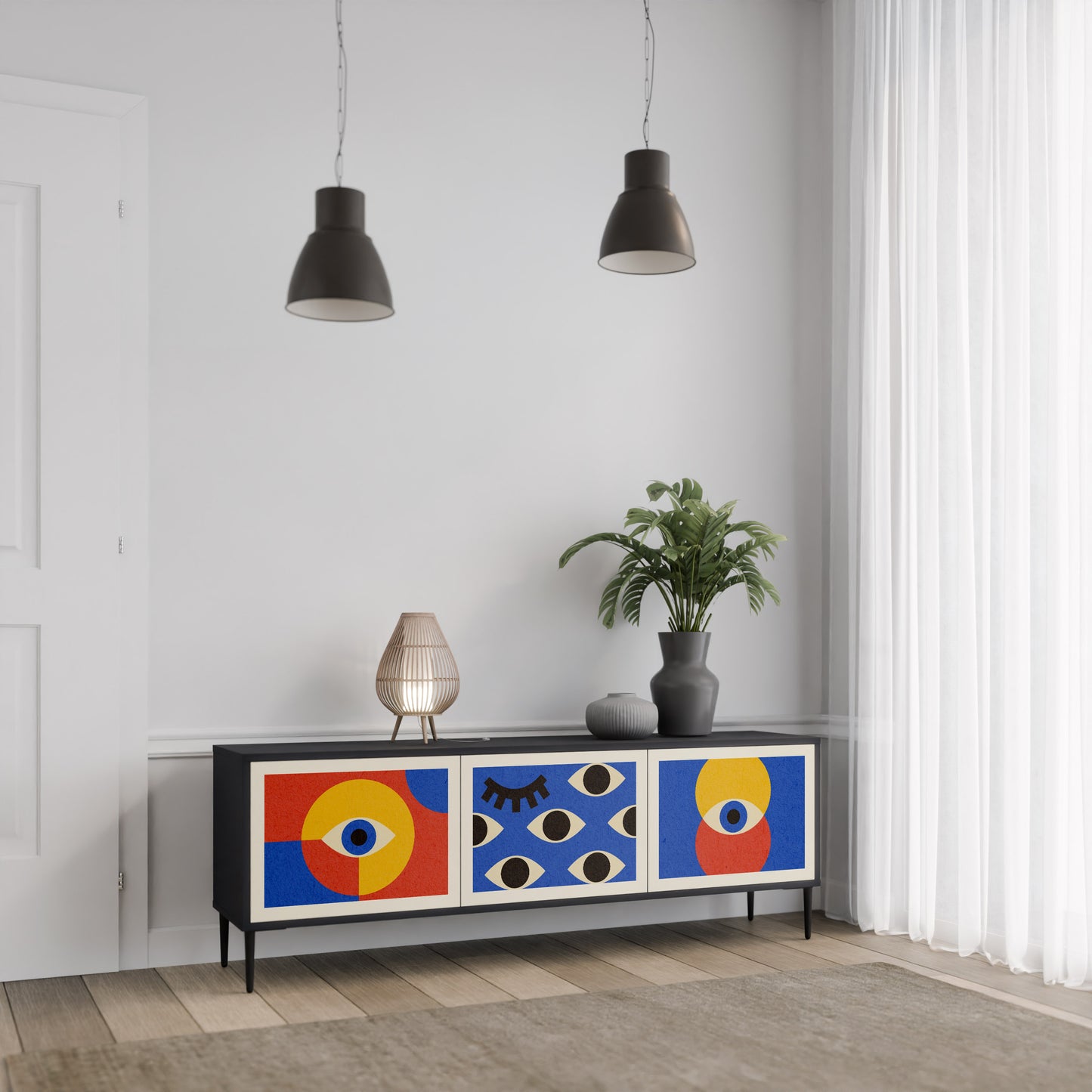 GEOMETRIC EYES 3-dörrars TV-bänk i svart finish